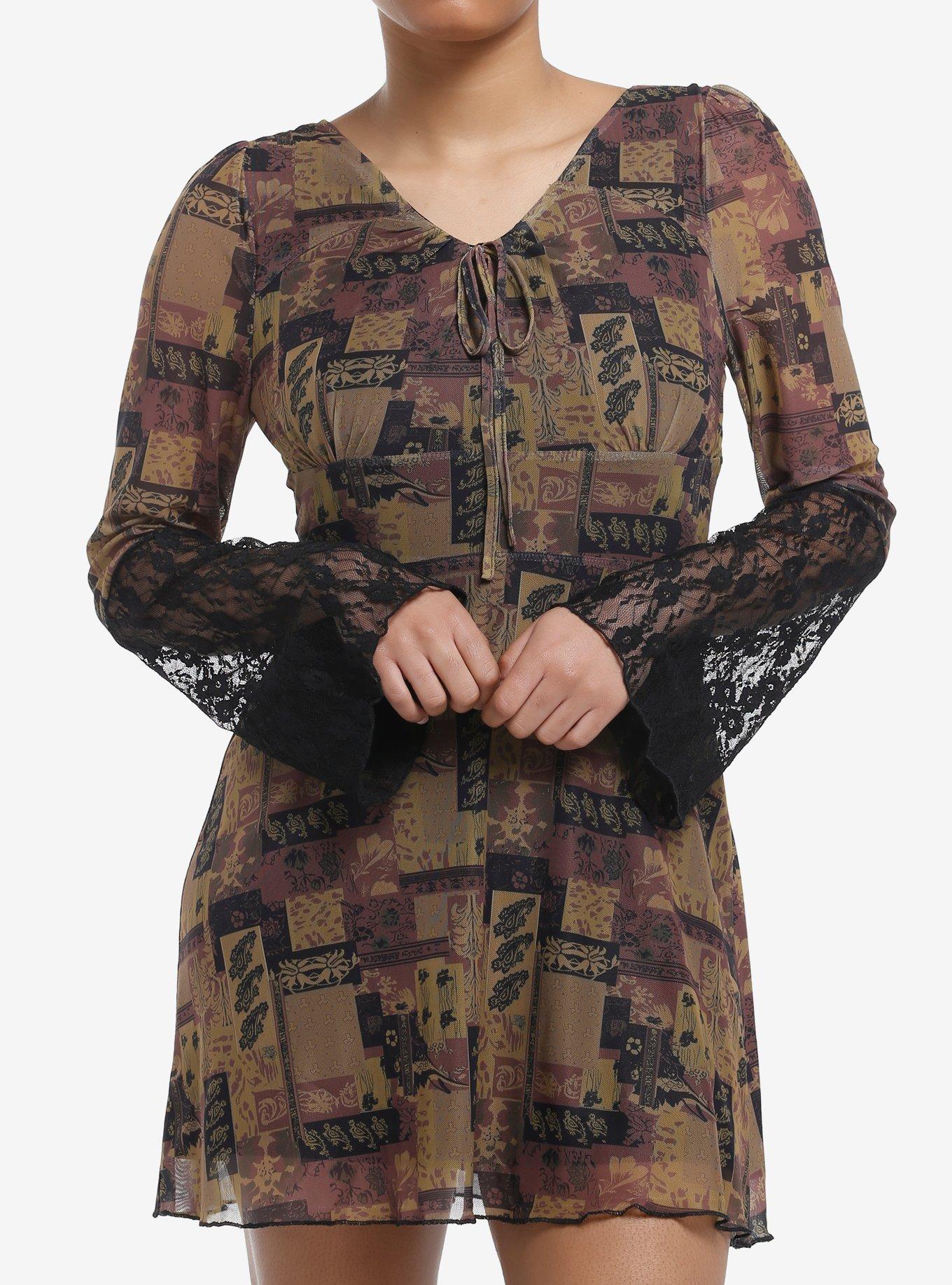 Brown Paisley Patchwork Bell Sleeve Dress, BLACK, hi-res