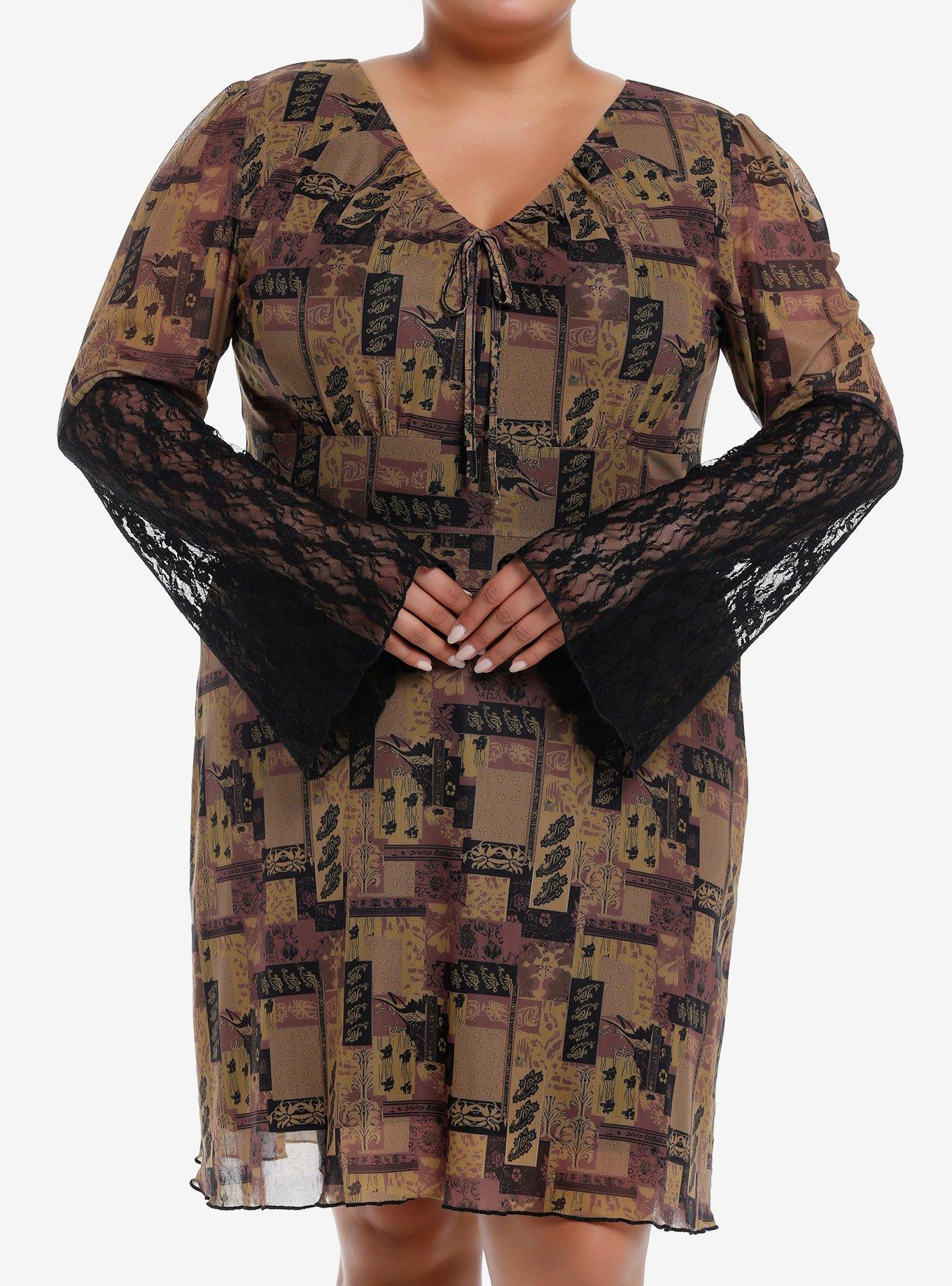 Brown Paisley Patchwork Bell Sleeve Dress Plus Size, , hi-res