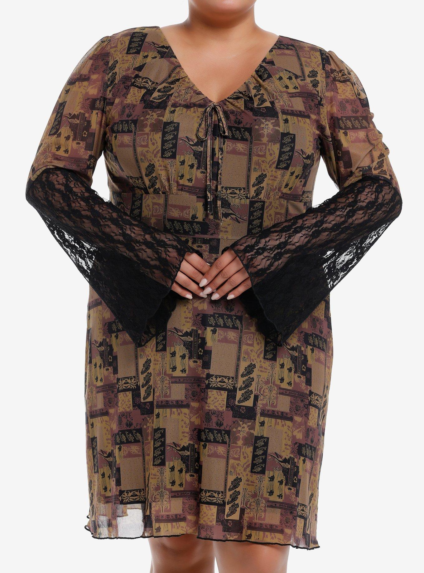 Brown Paisley Patchwork Bell Sleeve Dress Plus Size, BLACK, hi-res