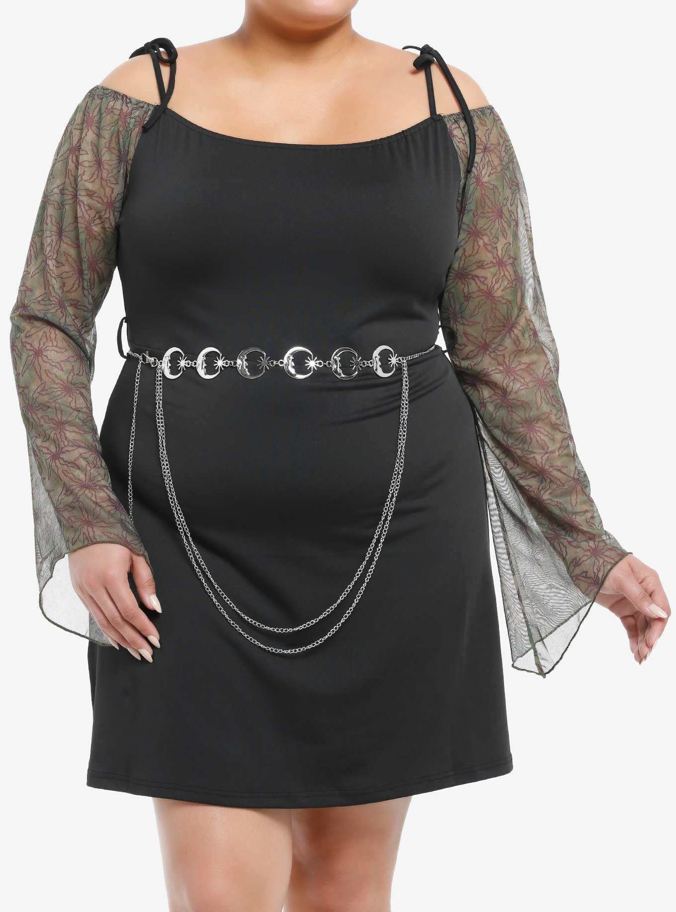 Thorn & Fable Grunge Floral Cold Shoulder Dress With Belt Plus Size, , hi-res