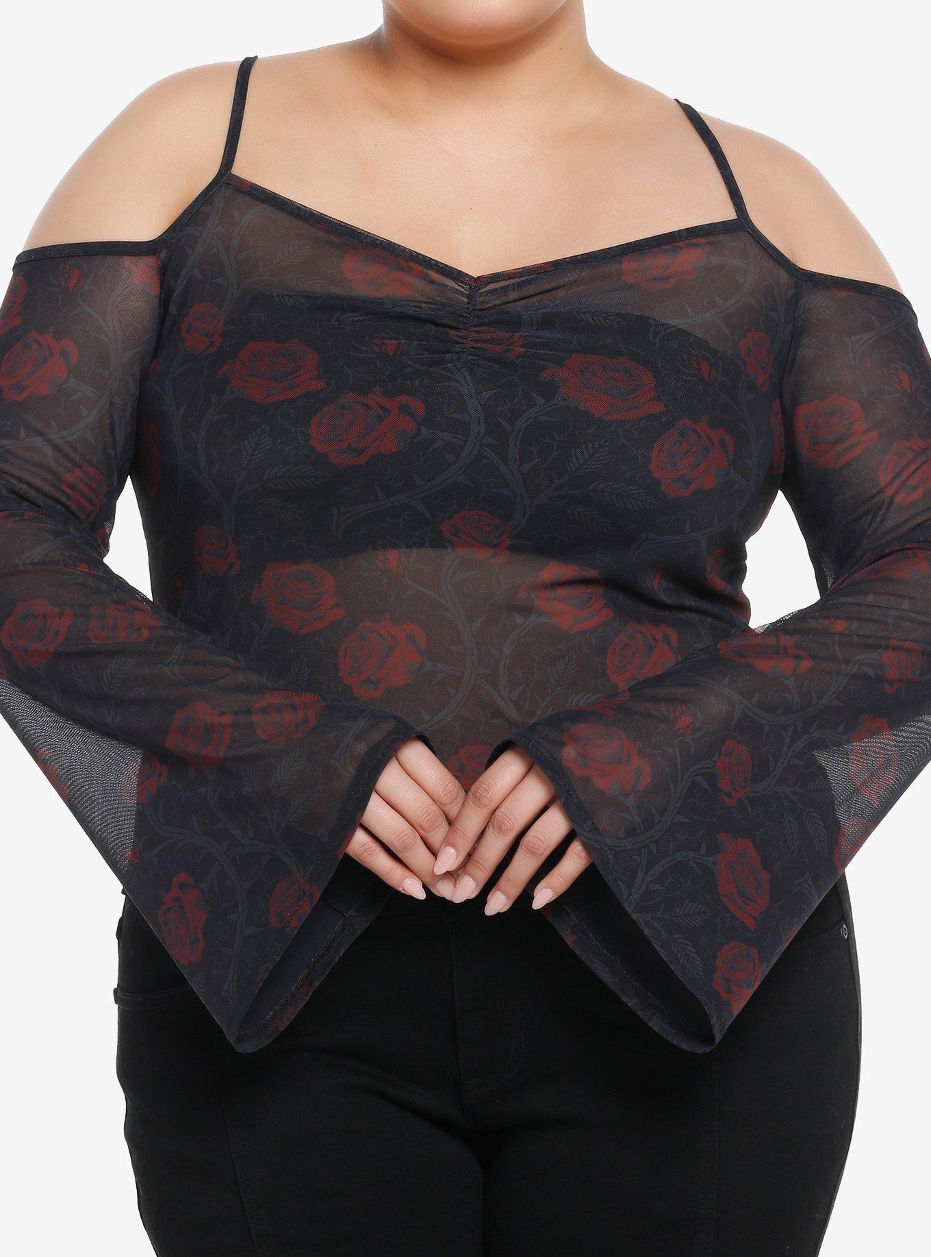 Thorn & Fable Rose Mesh Cold Shoulder Girls Long-Sleeve Top Plus Size, ROSE, hi-res
