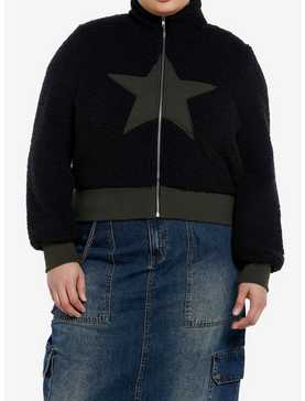 Social Collision Black Star Fuzzy Girls Crop Jacket Plus Size, , hi-res