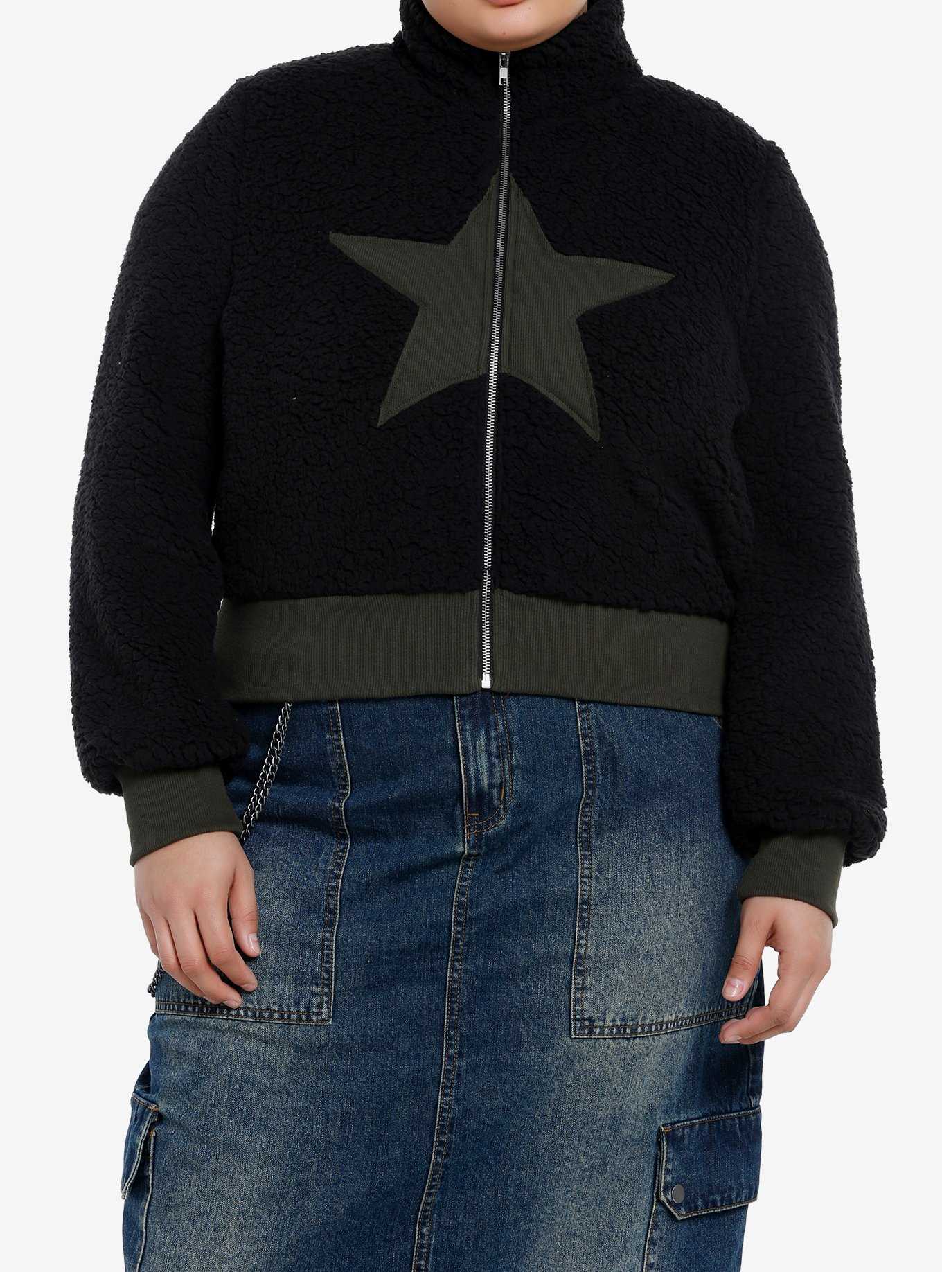 Social Collision Black Star Fuzzy Girls Crop Jacket Plus Size, , hi-res