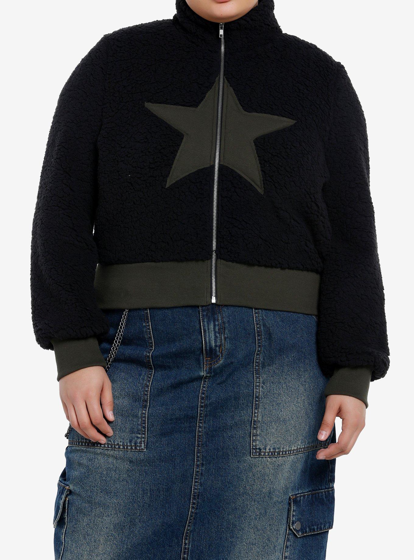 Social Collision Black Star Fuzzy Girls Crop Jacket Plus Size, , hi-res