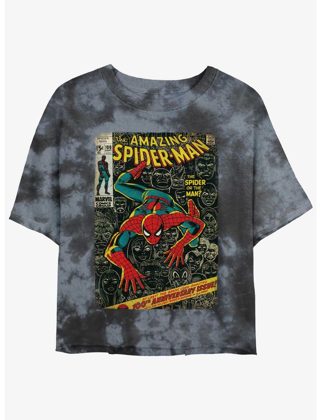 Marvel Spider-Man Comic 100th Anniversary Cover Womens Tie-Dye Crop T-Shirt, BLKCHAR, hi-res