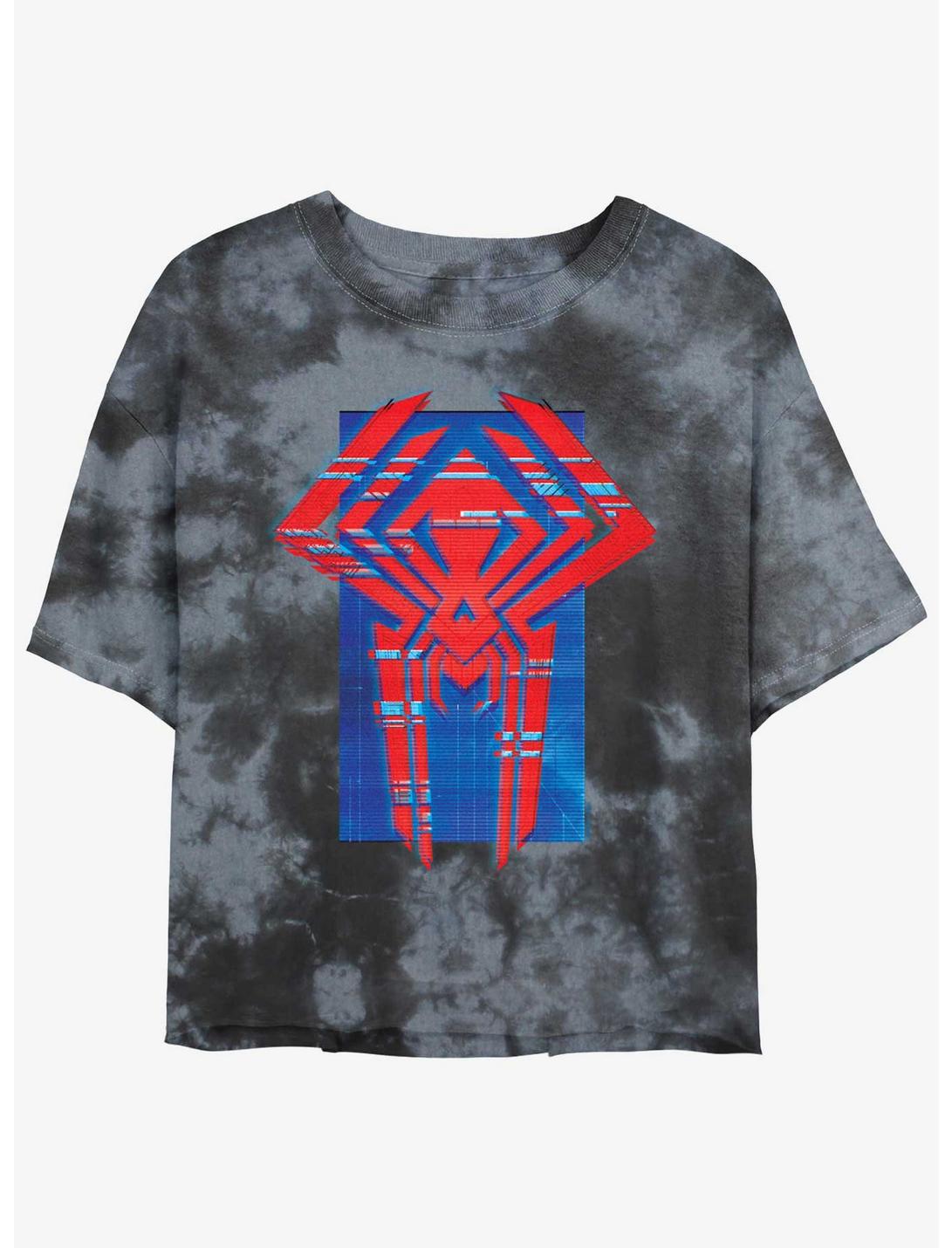 Marvel Spider-Man Spider Symbol Glitch Lines Womens Tie-Dye Crop T-Shirt, BLKCHAR, hi-res