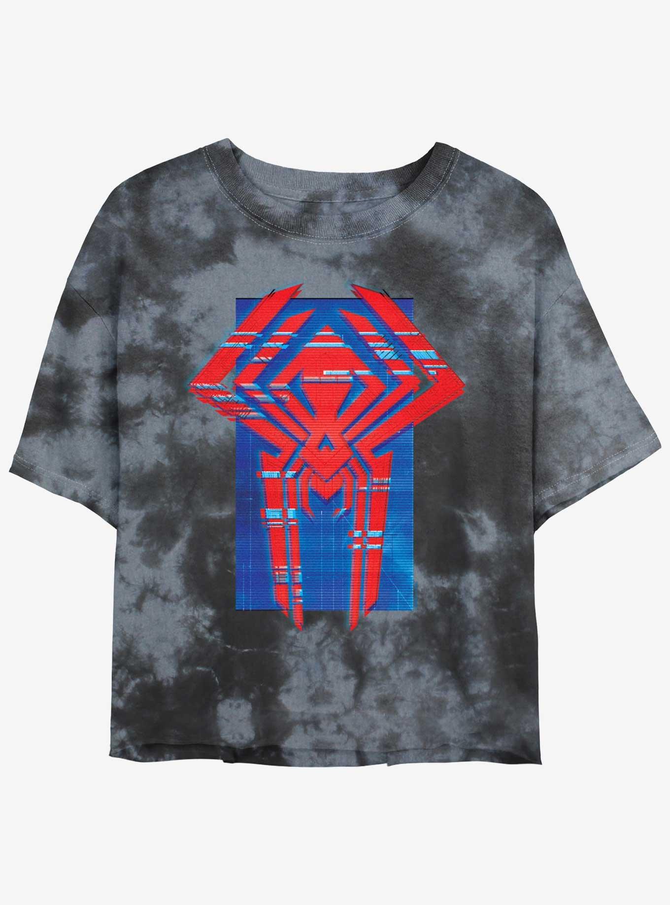 Marvel Spider-Man Spider Symbol Glitch Lines Womens Tie-Dye Crop T-Shirt, , hi-res
