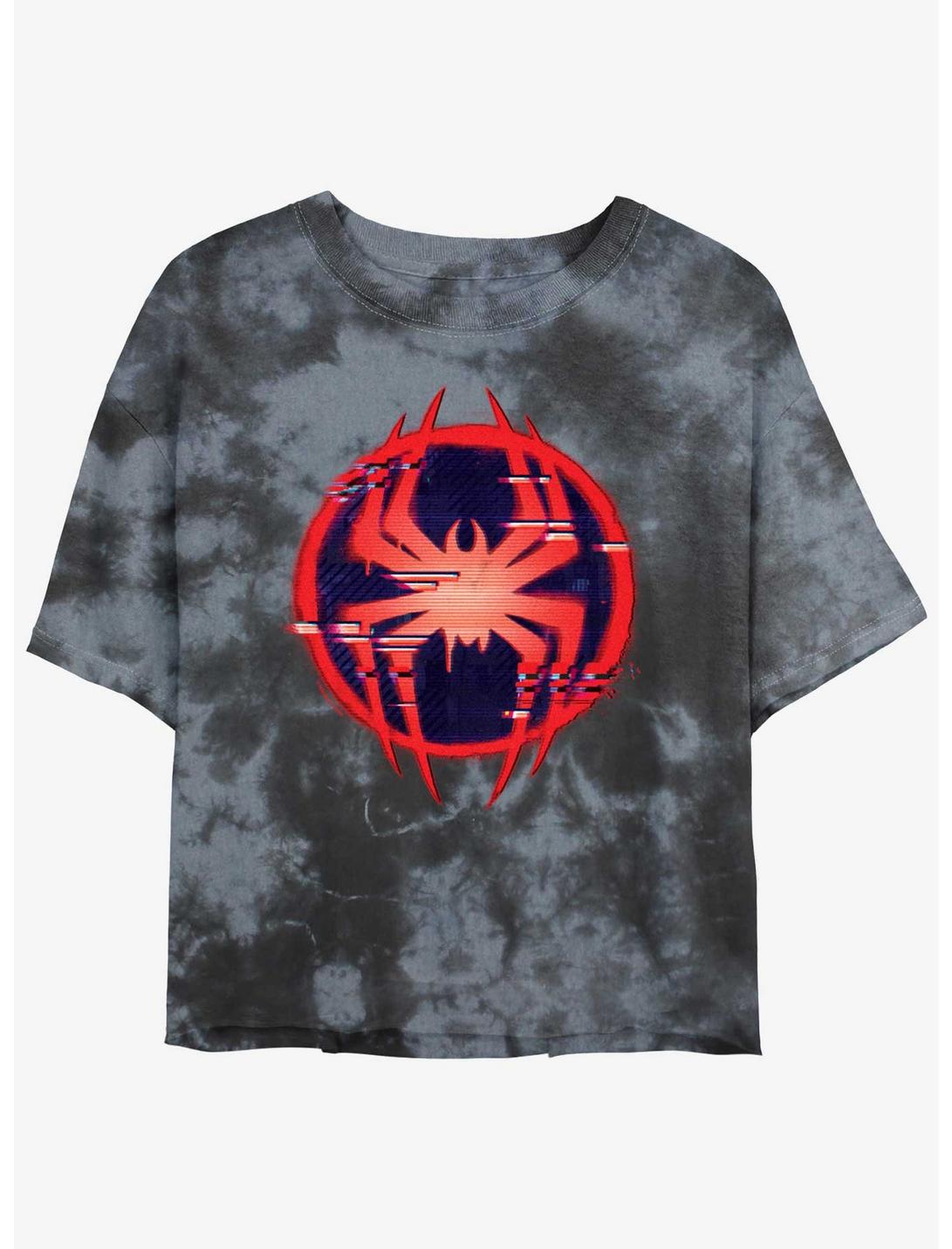 Marvel Spider-Man Glitch Spider Symbol Womens Tie-Dye Crop T-Shirt, BLKCHAR, hi-res