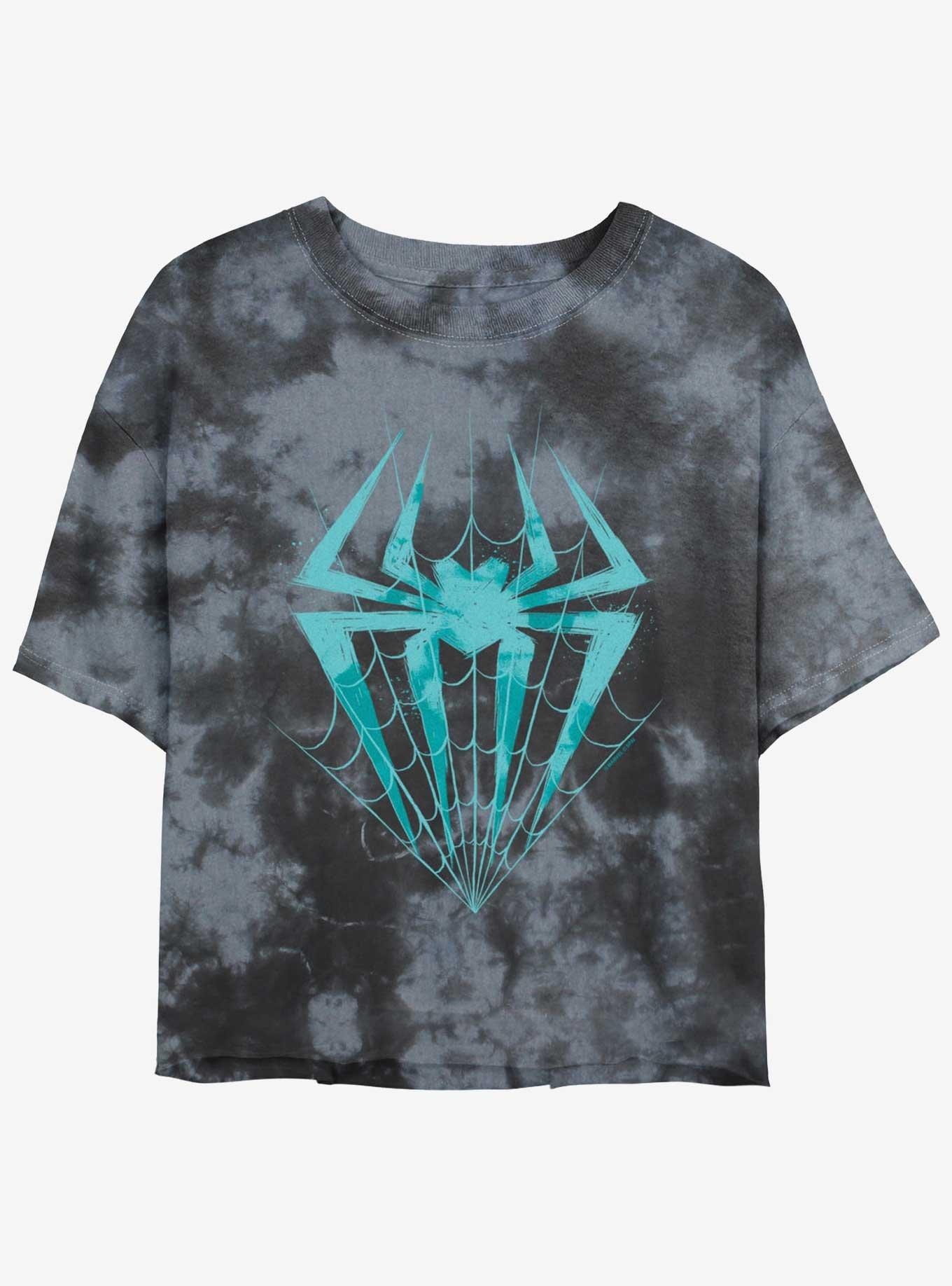 Marvel Spider-Man Spider Symbol With Web Womens Tie-Dye Crop T-Shirt, BLKCHAR, hi-res