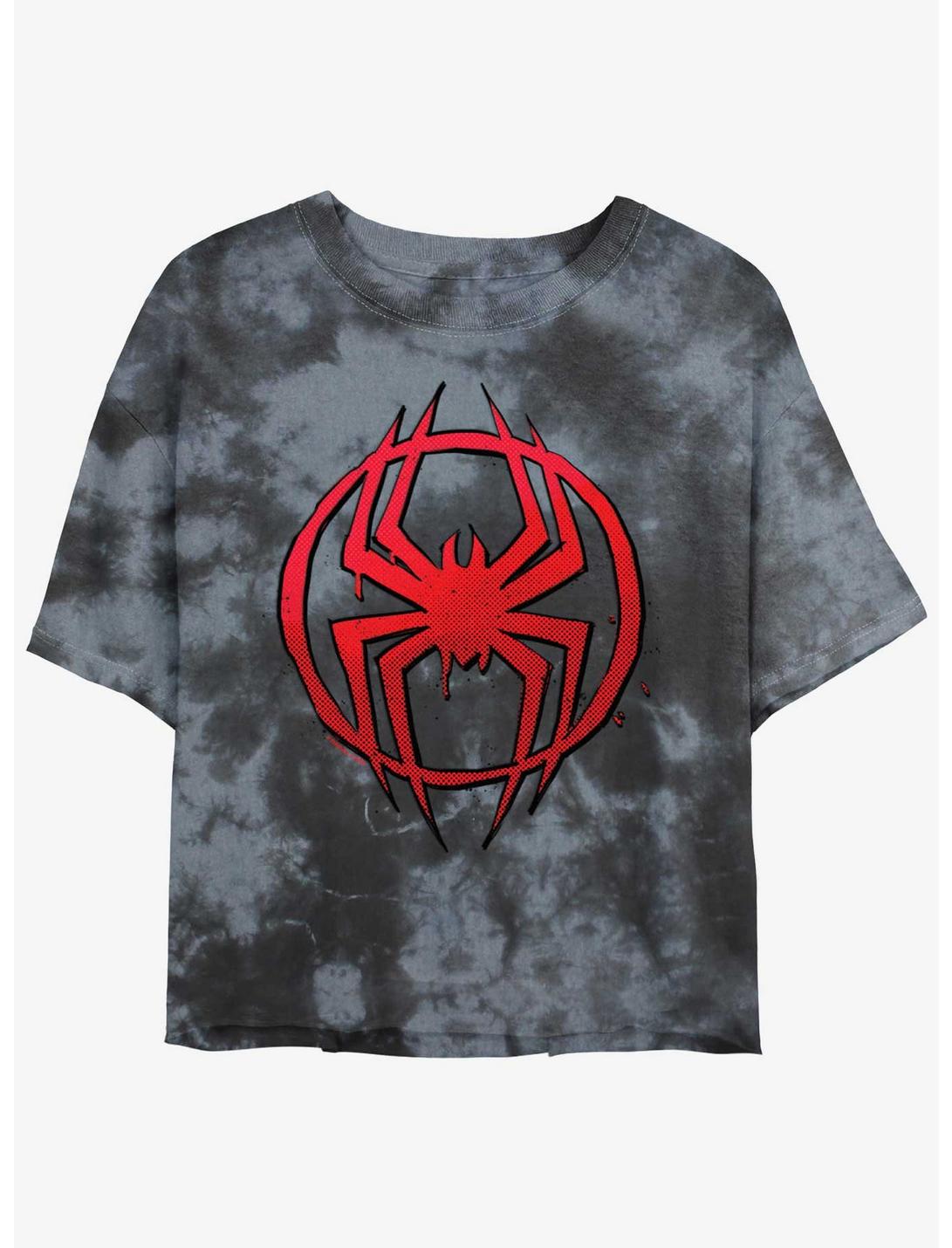 Marvel Spider-Man Simple Spider Symbol Womens Tie-Dye Crop T-Shirt, BLKCHAR, hi-res