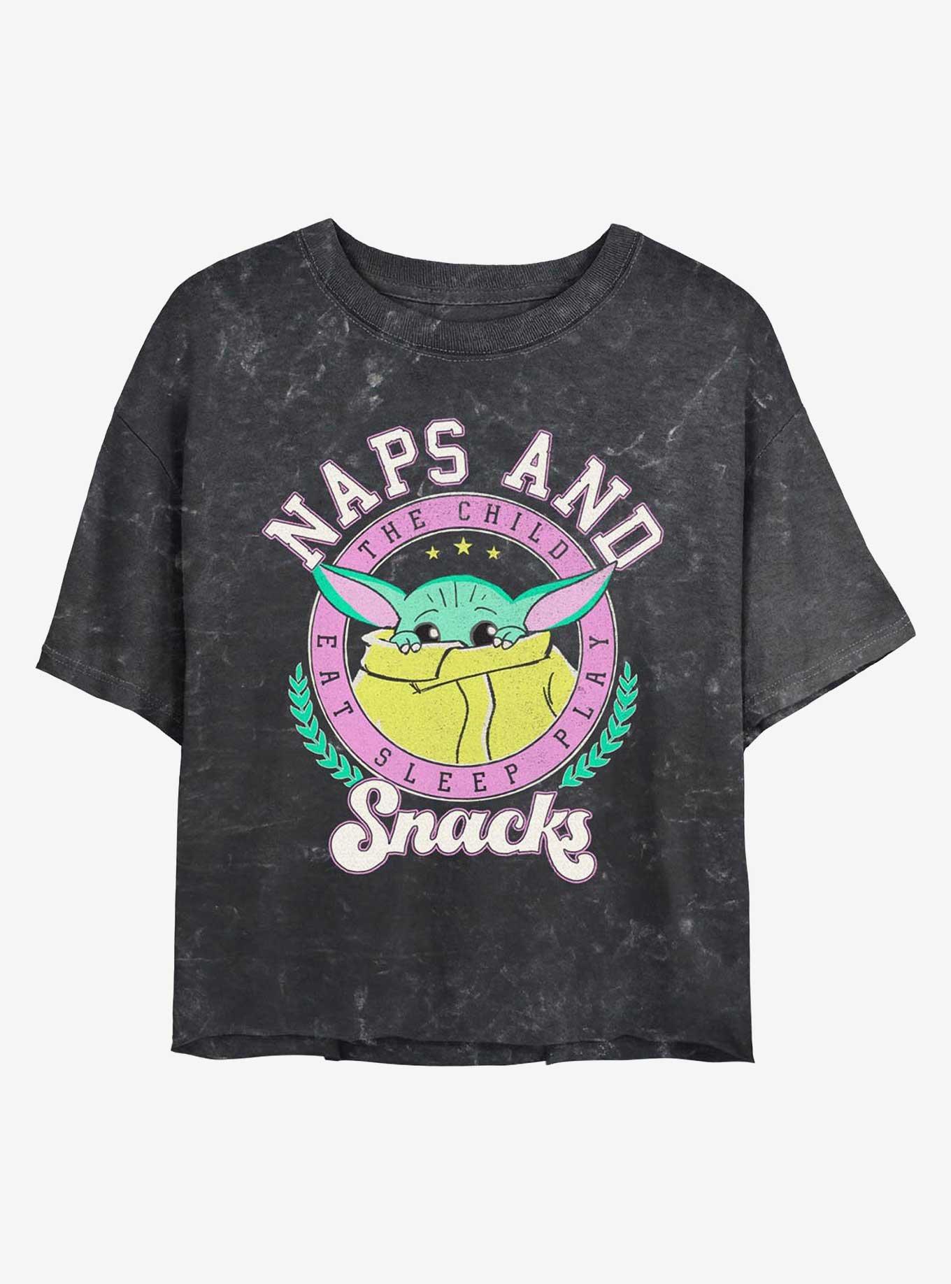 Star Wars The Mandalorian Grogu Naps And Snacks Mineral Wash Girls Crop T-Shirt, BLACK, hi-res