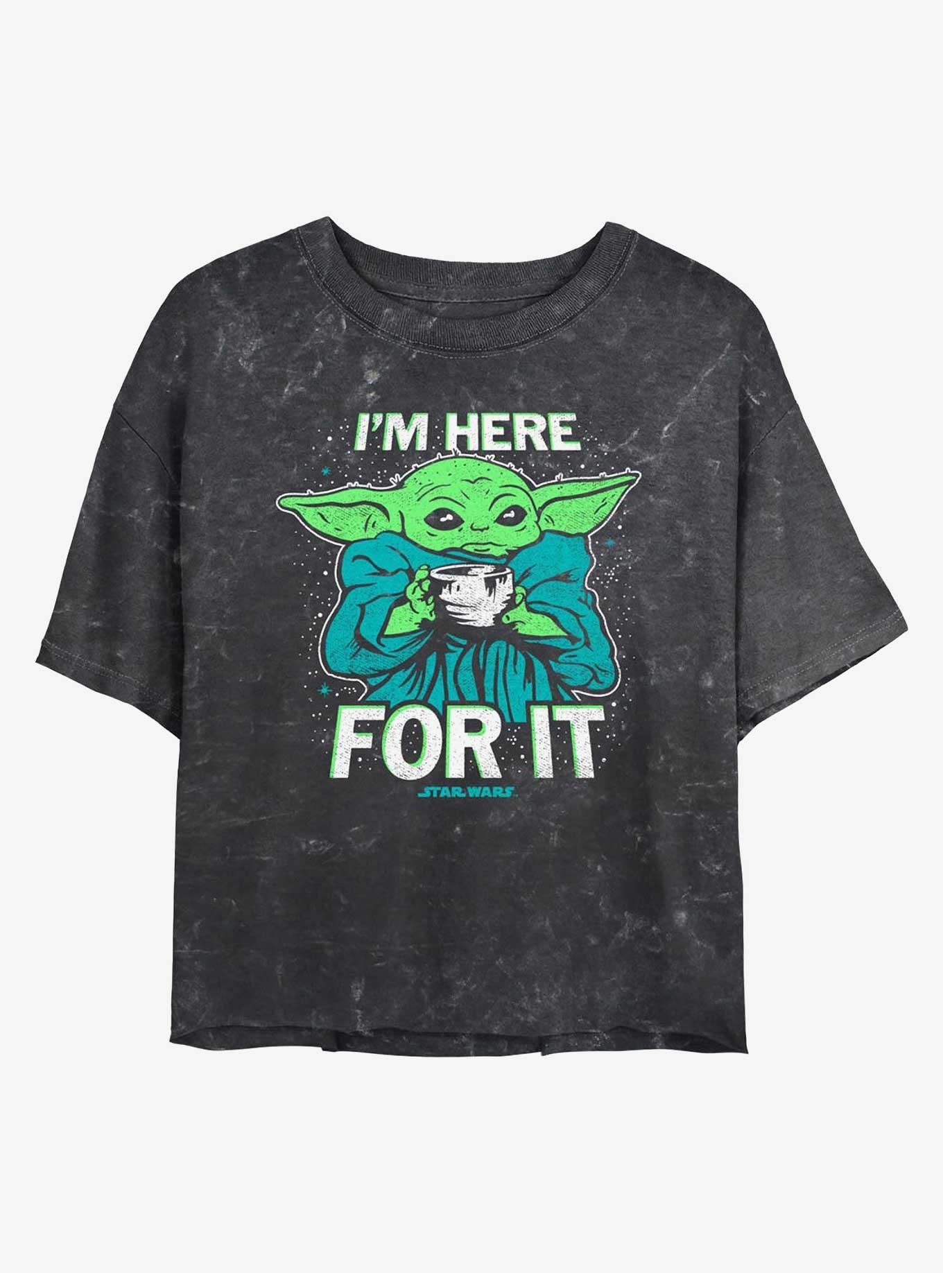 Star Wars The Mandalorian Grogu Tea I'm Here For It Mineral Wash Girls Crop T-Shirt, BLACK, hi-res