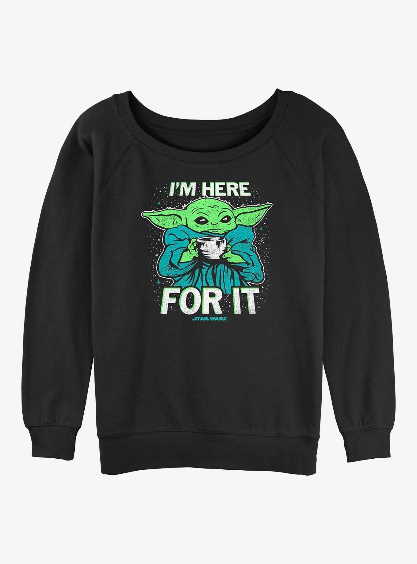 Star Wars The Mandalorian Grogu Tea I'm Here For It Girls Slouchy Sweatshirt, BLACK, hi-res