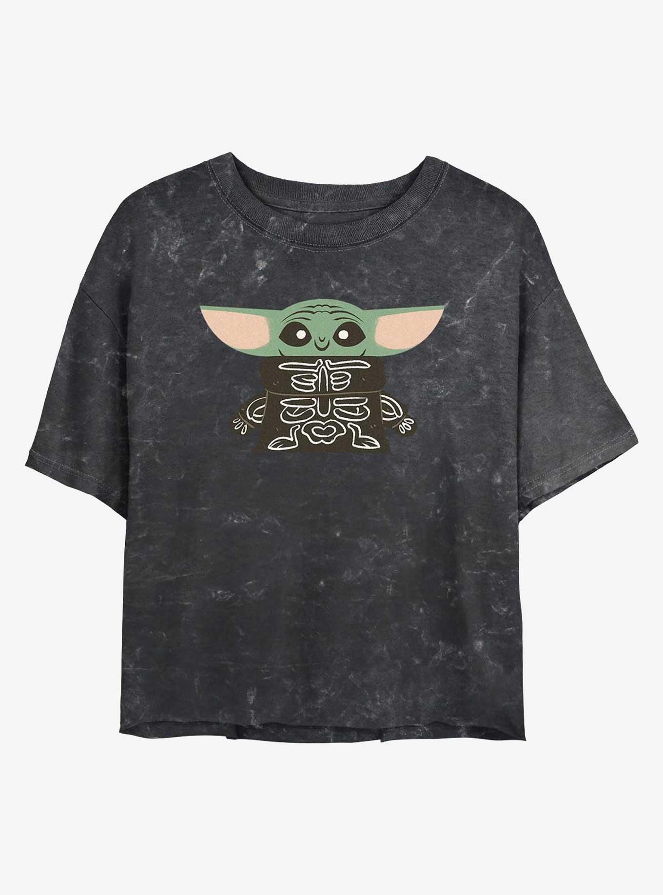 Star Wars The Mandalorian Skeleton Grogu Mineral Wash Girls Crop T-Shirt, BLACK, hi-res