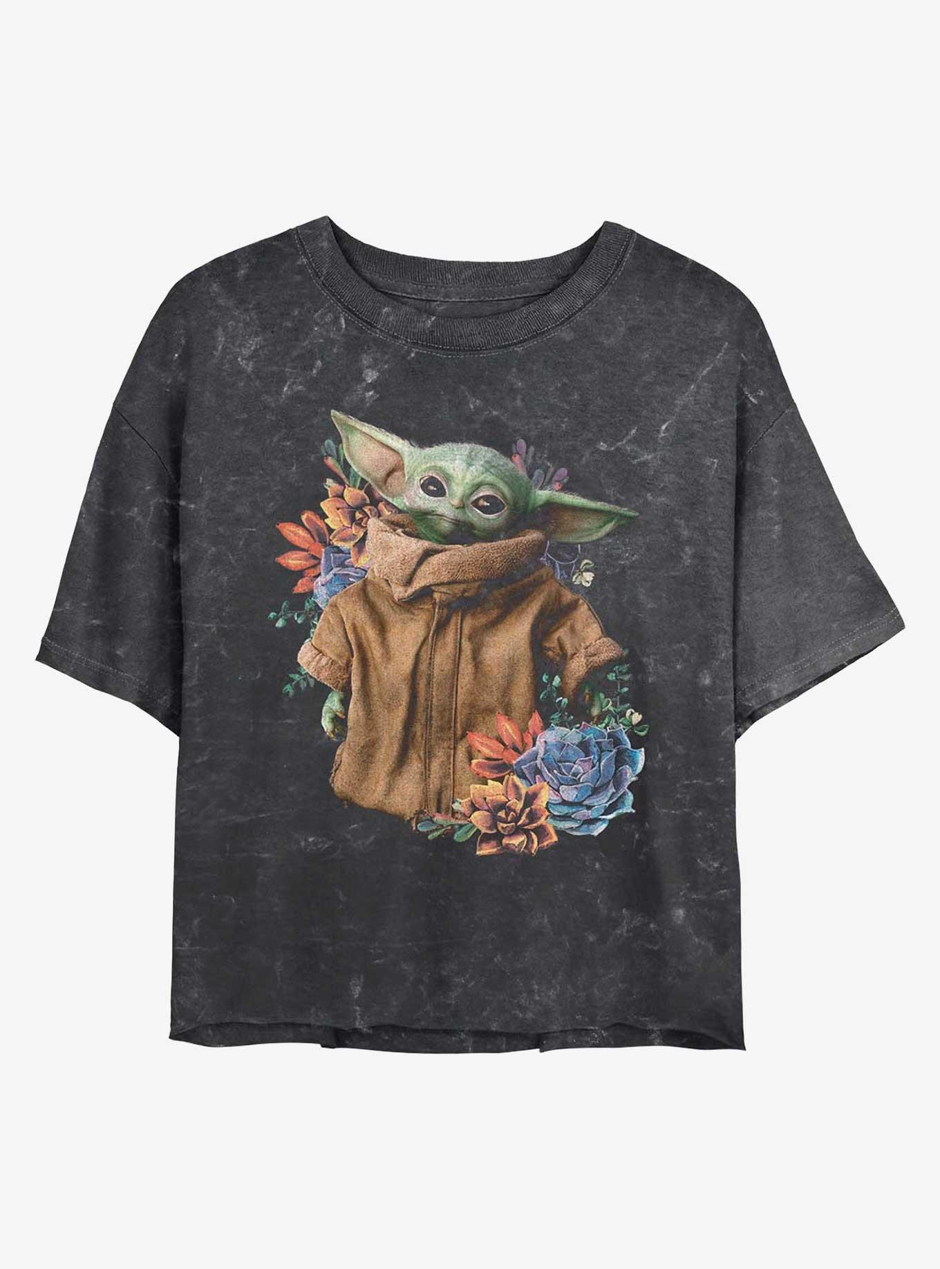 Star Wars The Mandalorian Grogu Flower Baby Mineral Wash Girls Crop T-Shirt, BLACK, hi-res