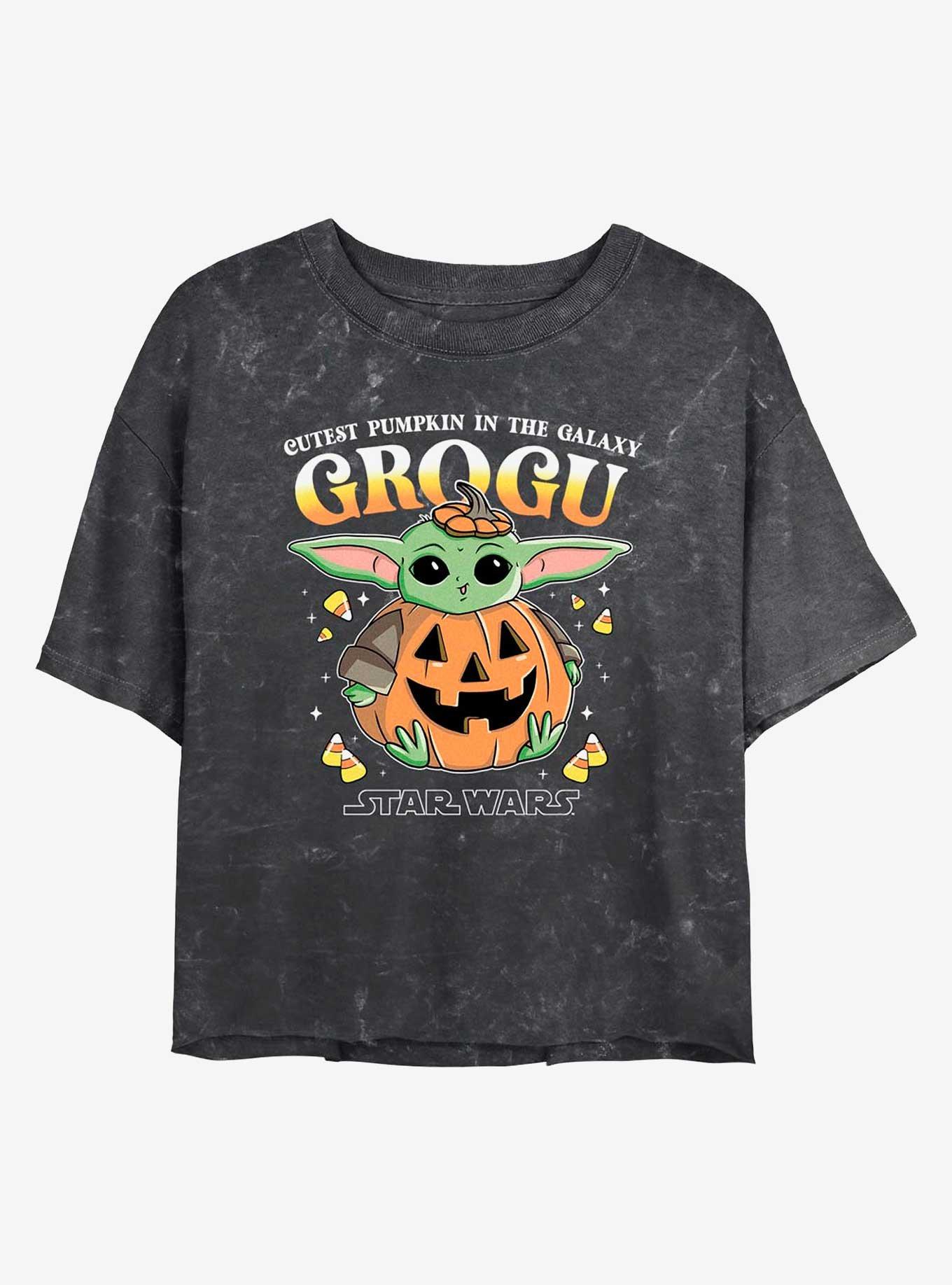 Star Wars The Mandalorian Pumpkin Grogu Mineral Wash Girls Crop T-Shirt, BLACK, hi-res