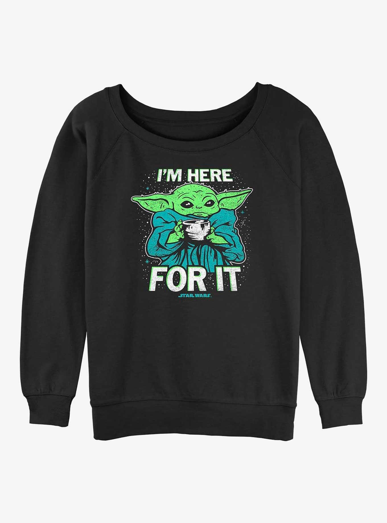 Star Wars The Mandalorian Grogu Tea I'm Here For It Womens Slouchy Sweatshirt, BLACK, hi-res