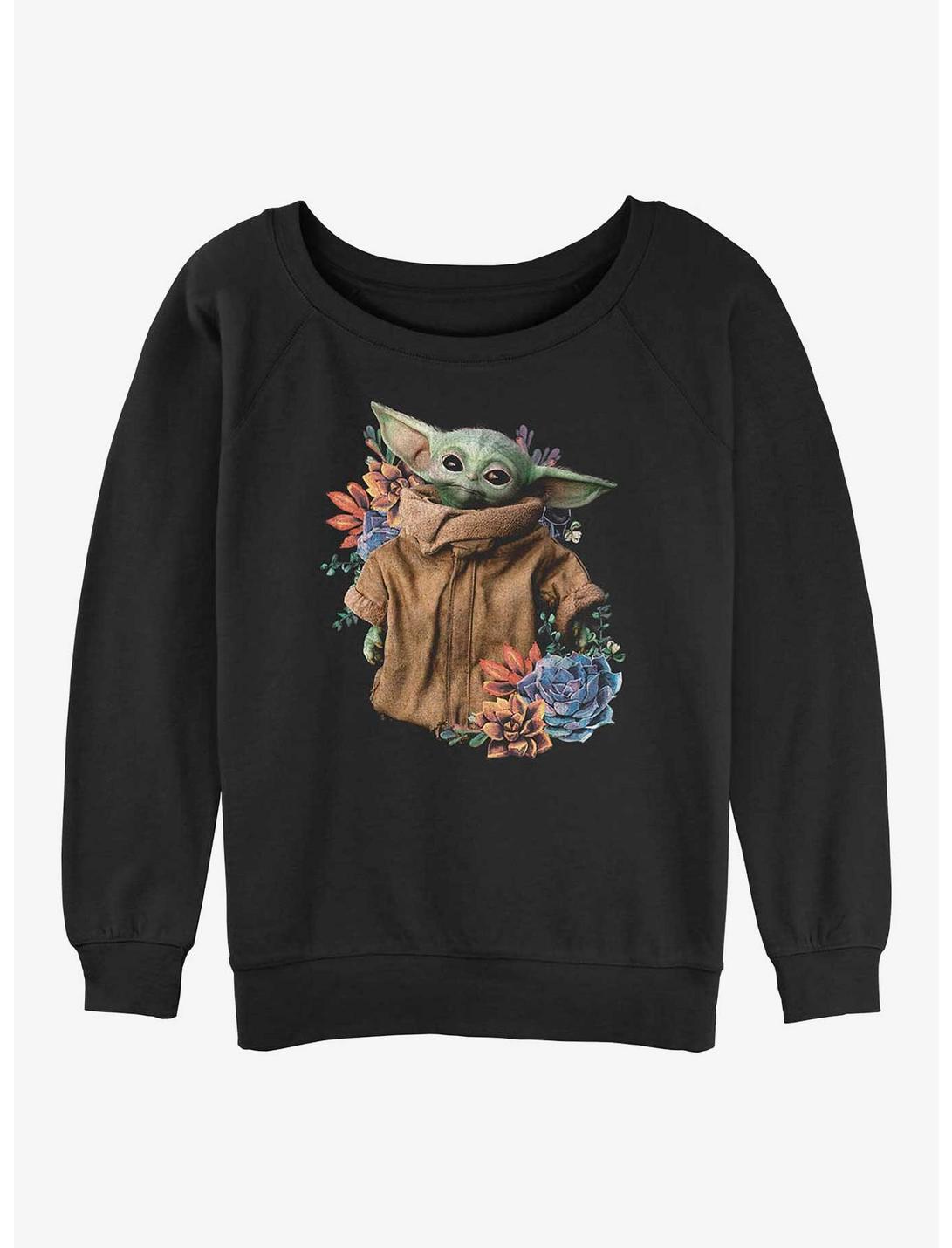 Star Wars The Mandalorian Grogu Flower Baby Womens Slouchy Sweatshirt, BLACK, hi-res