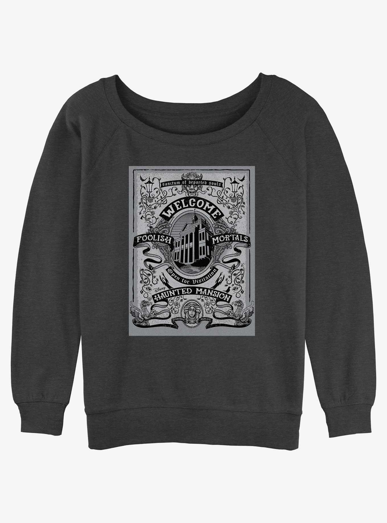 Disney Haunted Mansion Welcome Foolish Mortals Poster Girls Slouchy Sweatshirt, CHAR HTR, hi-res