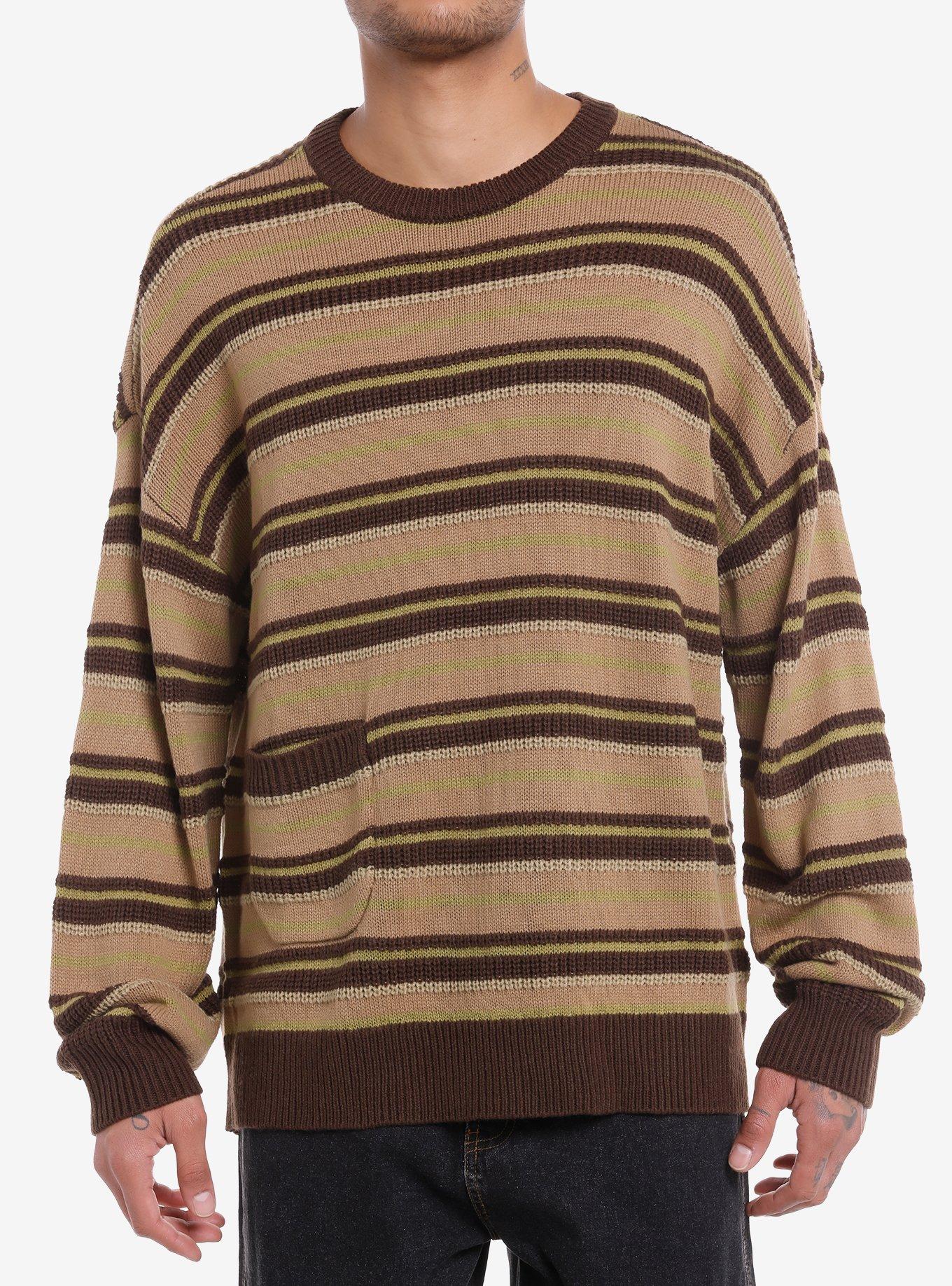 Brown Stripe Pocket Slouchy Knit Sweater, , hi-res