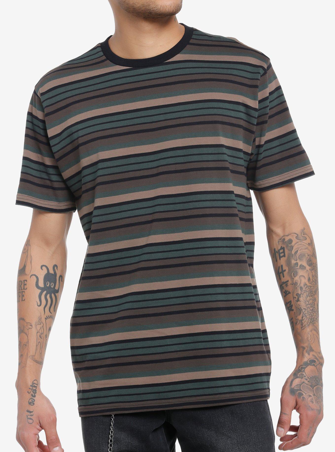 Thorn & Fable Brown & Dark Green Stripe T-Shirt, BROWN, hi-res