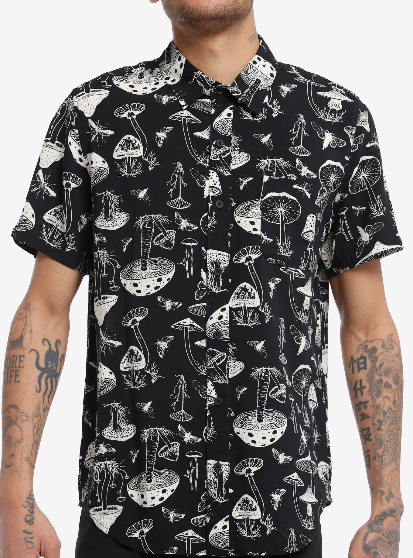 Social Collision Black & White Mushroom Woven Button-Up, , hi-res