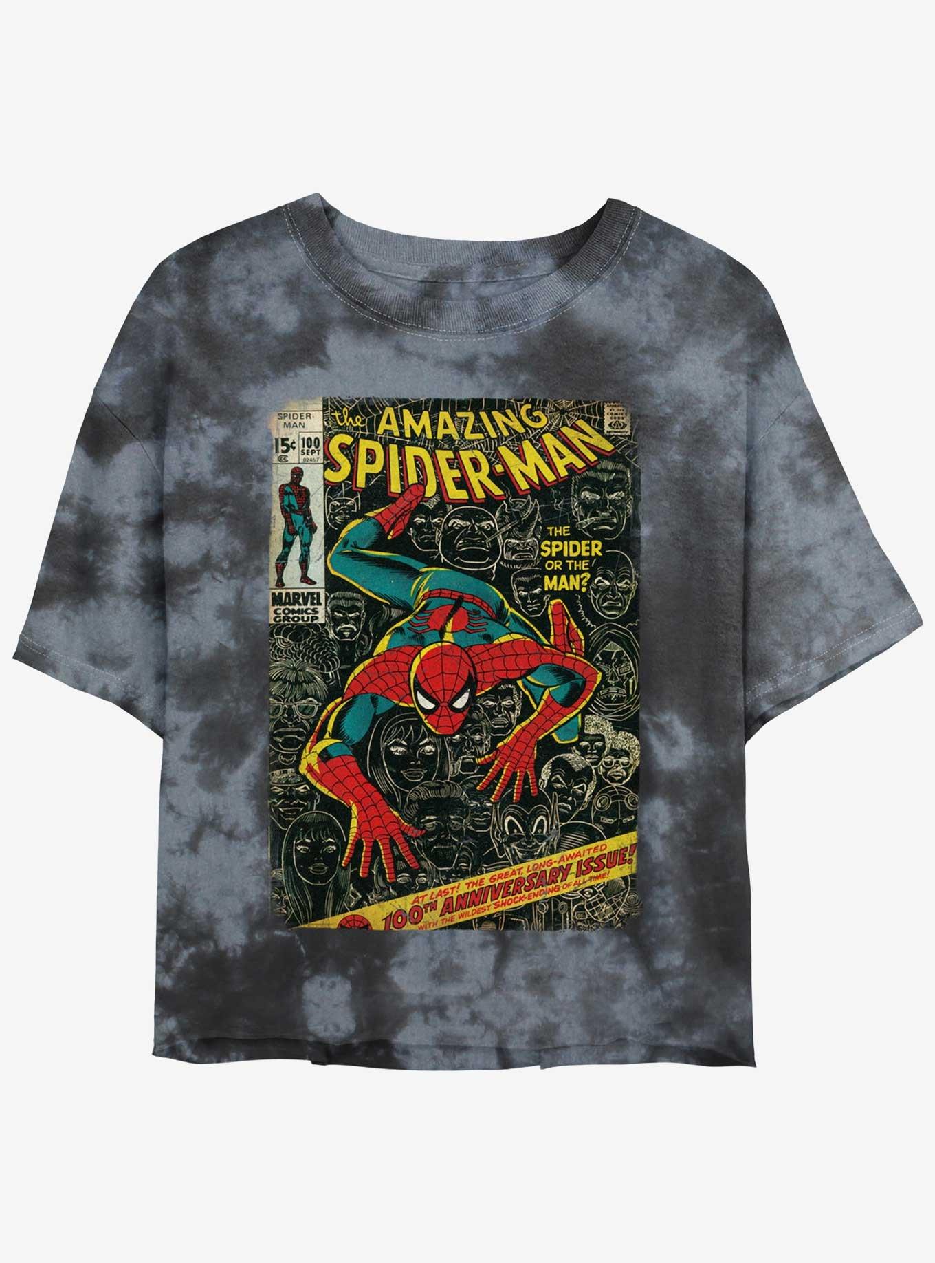 Marvel Spider-Man Comic 100th Anniversary Cover Girls Tie-Dye Crop T-Shirt, BLKCHAR, hi-res