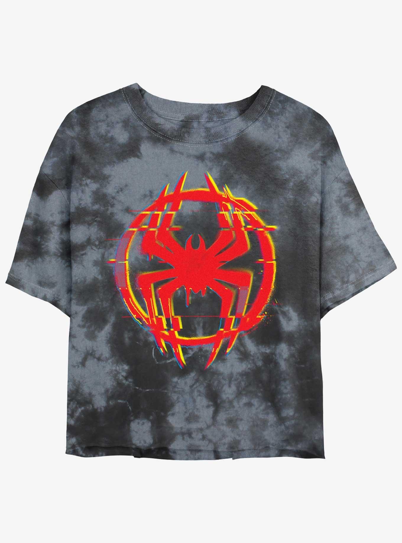 Marvel Spider-Man Glitchy Spider Symbol Girls Tie-Dye Crop T-Shirt, BLKCHAR, hi-res