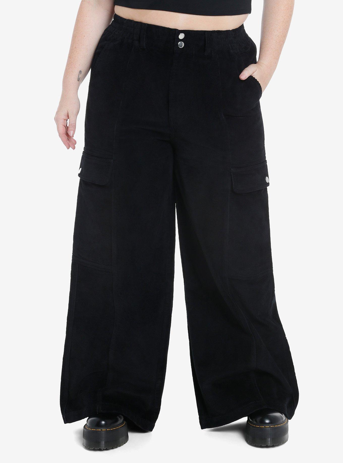 Black Corduroy Wide Leg Pants Plus Size, , hi-res