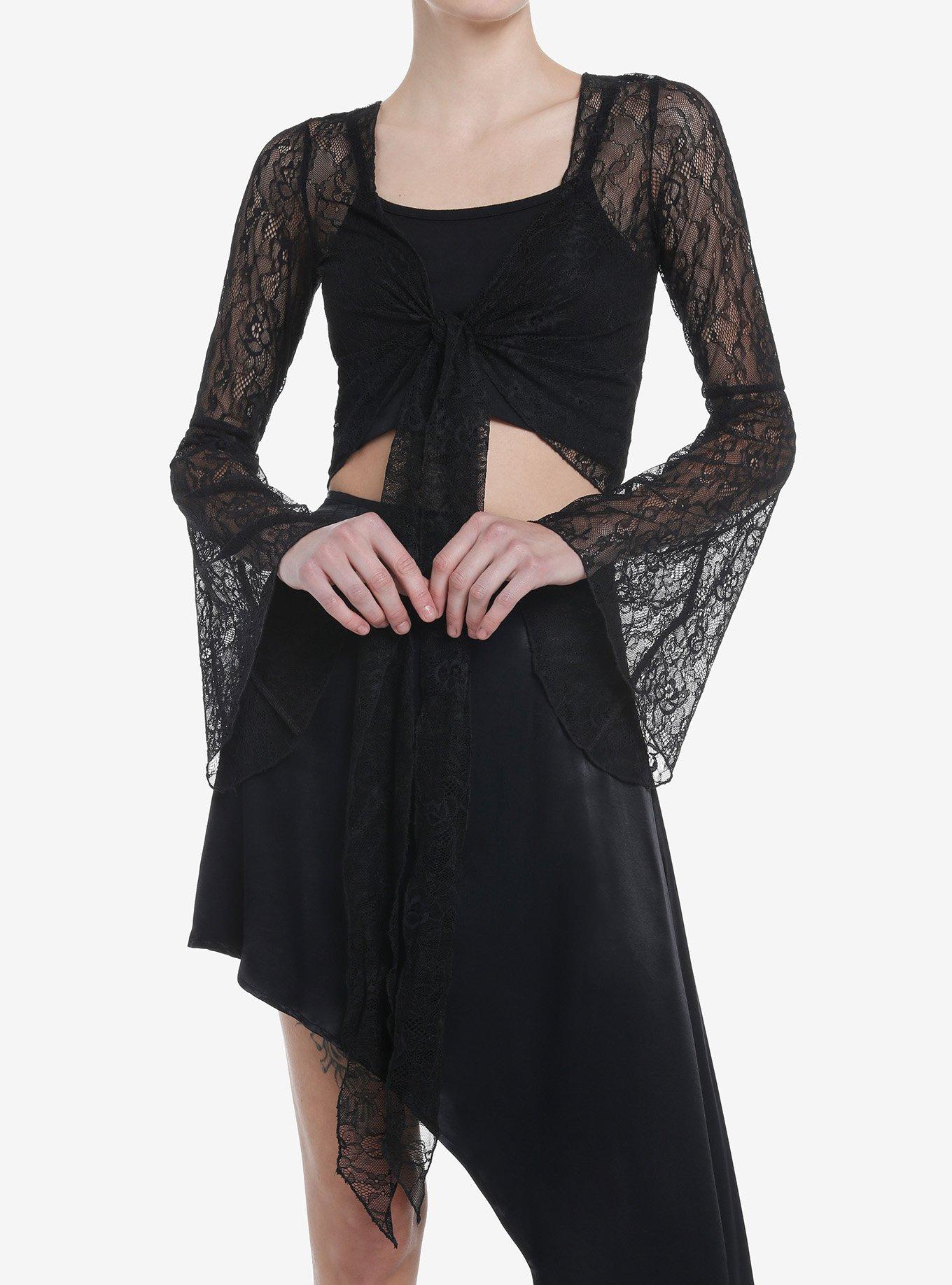 Cosmic Aura Black Lace Bell Sleeve Tie-Front Girls Top, BLACK, hi-res