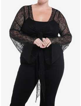 Cosmic Aura Black Lace Bell Sleeve Tie-Front Girls Top Plus Size, , hi-res