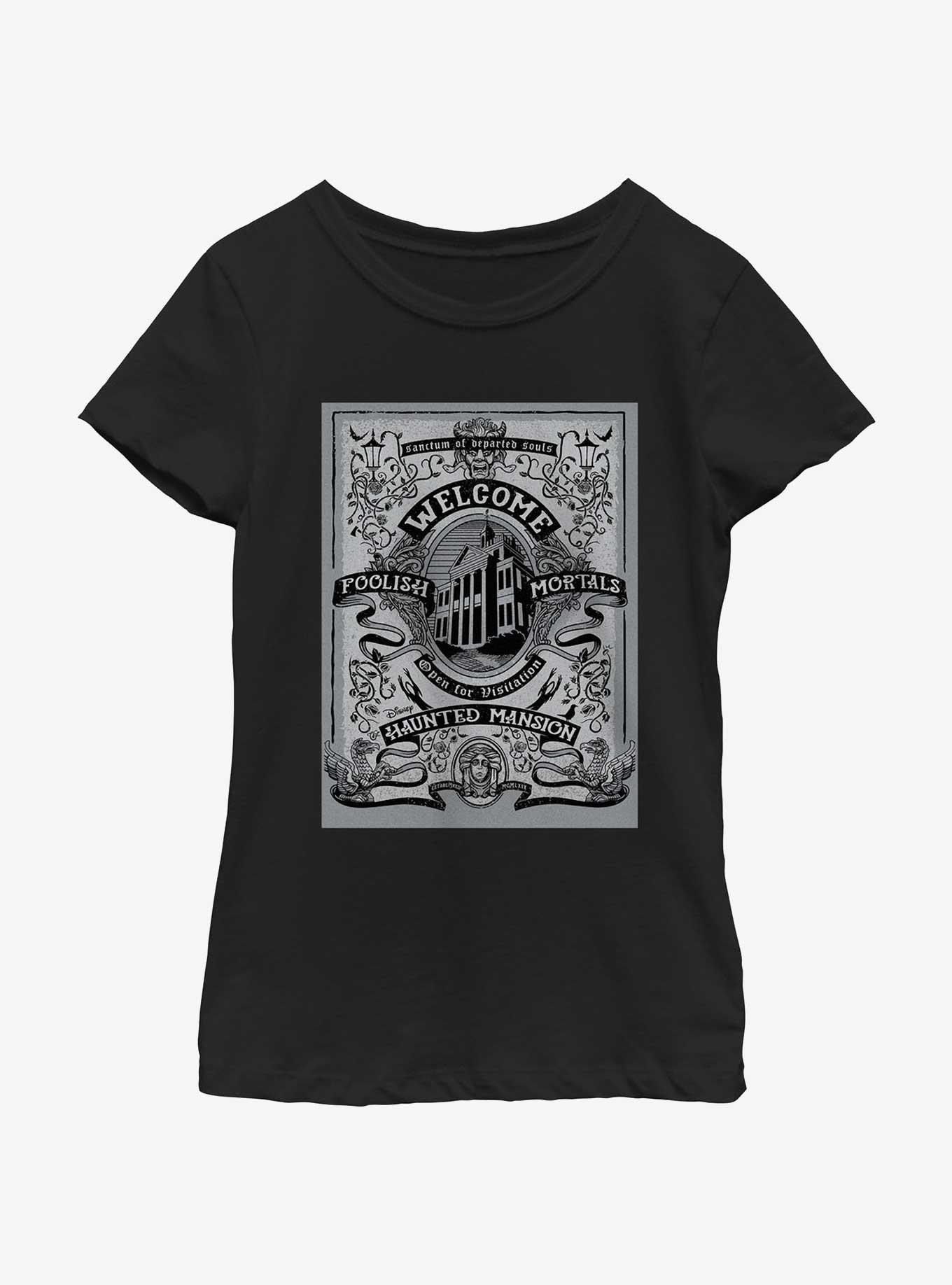 Disney Haunted Mansion Welcome Foolish Mortals Poster Youth Girls T-Shirt, BLACK, hi-res