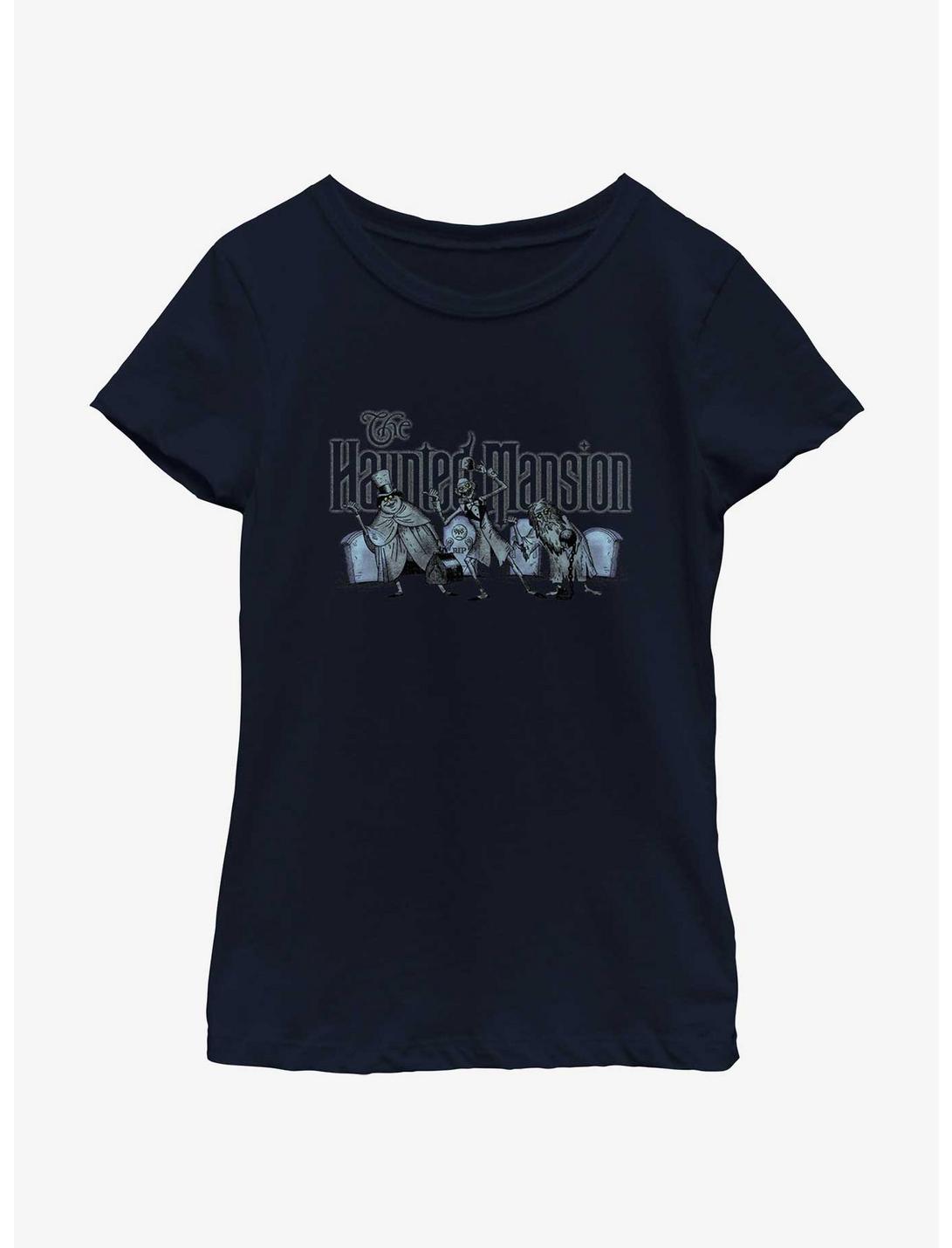 Disney Haunted Mansion Hitchhiking Ghosts Logo Youth Girls T-Shirt, NAVY, hi-res