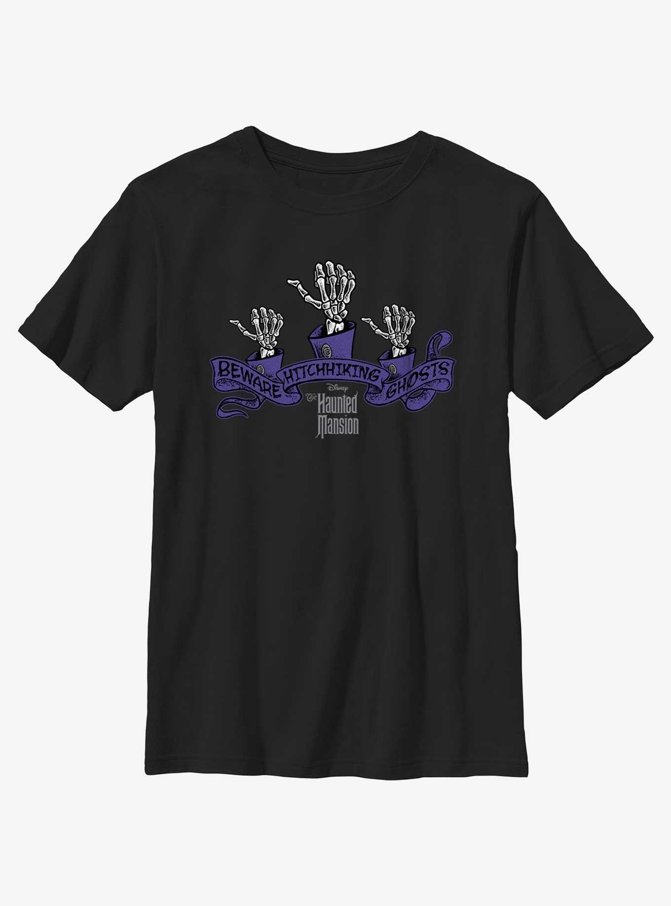 Disney Haunted Mansion Beware Hitchhiking Ghosts Youth T-Shirt, BLACK, hi-res