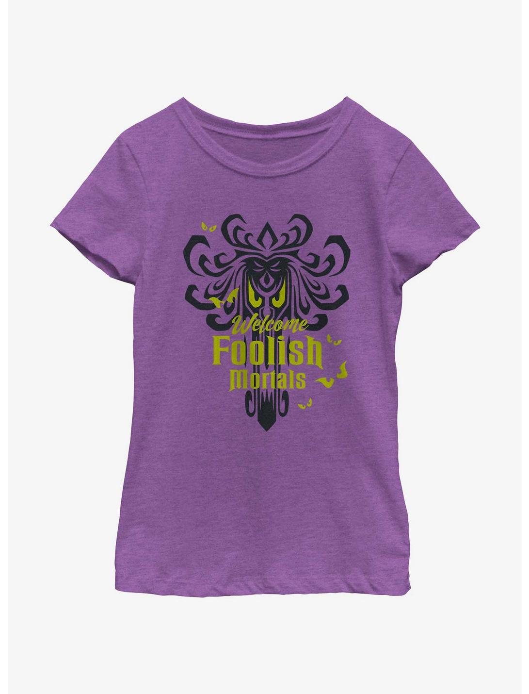 Disney Haunted Mansion Spooky Eyes Welcome Foolish Mortals Youth Girls T-Shirt, PURPLE BERRY, hi-res