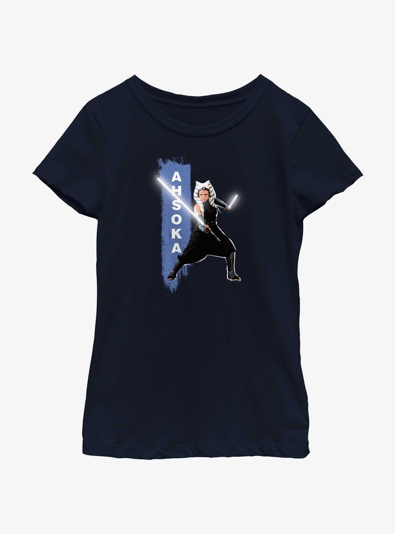 Star Wars Ahsoka Two Sabers Youth Girls T-Shirt, NAVY, hi-res