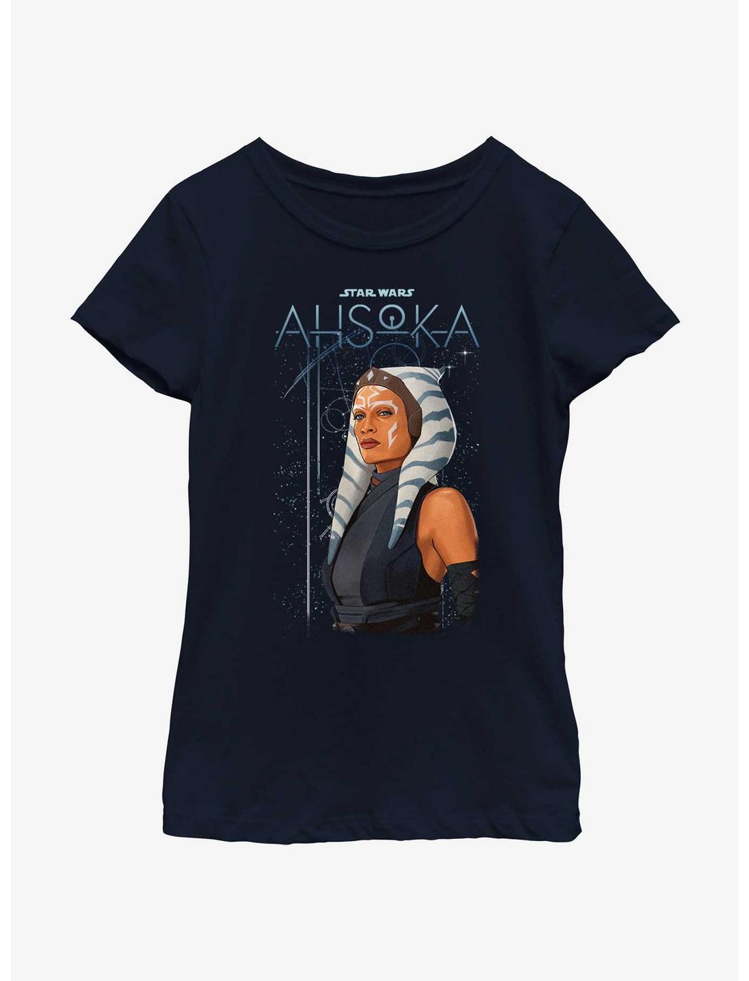 Star Wars Ahsoka Celestial Jedi Youth Girls T-Shirt BoxLunch Web Exclusive, NAVY, hi-res
