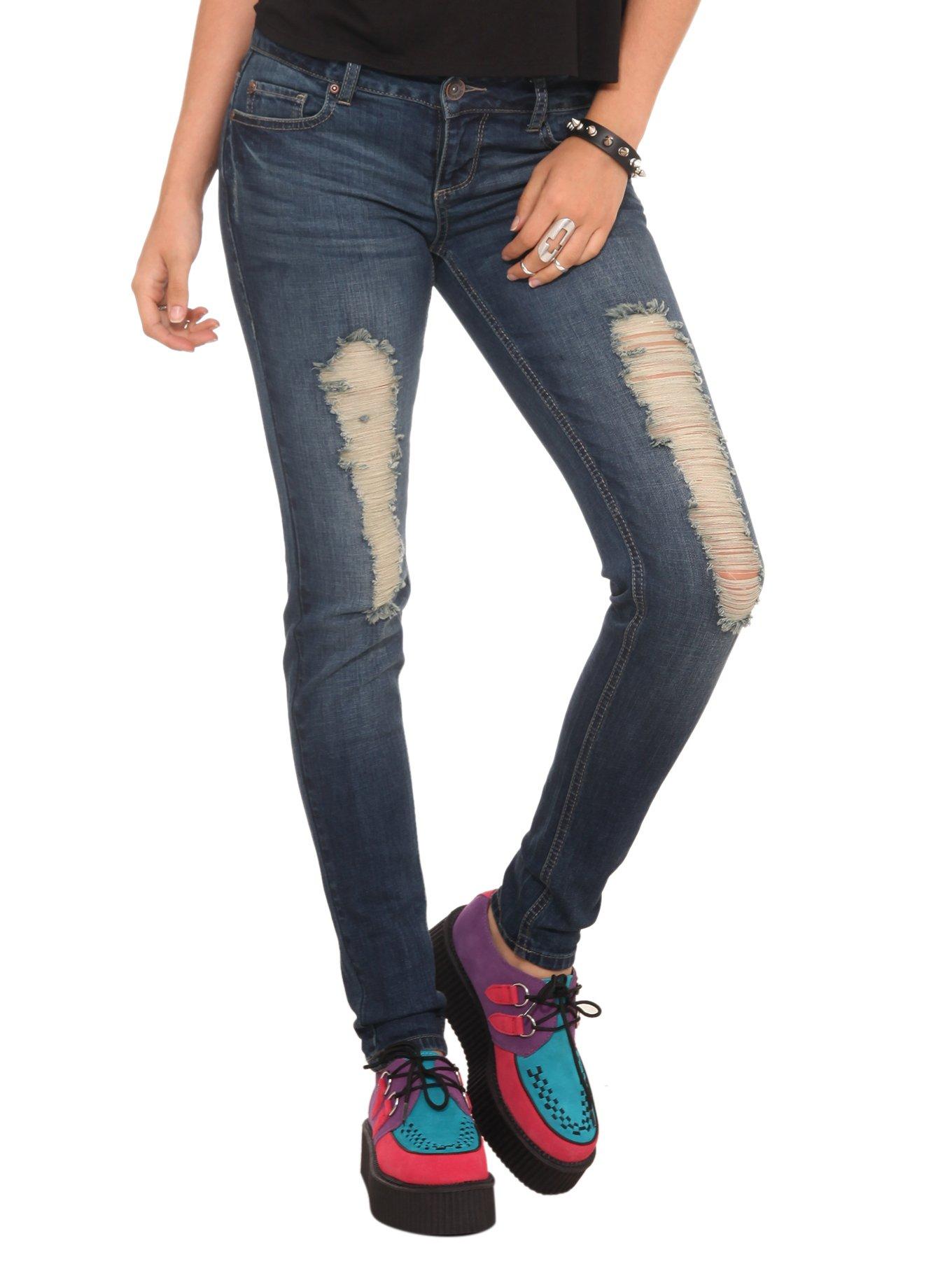 Medium Indigo Wash Destroyed Skinny Jeans, BLACK, hi-res