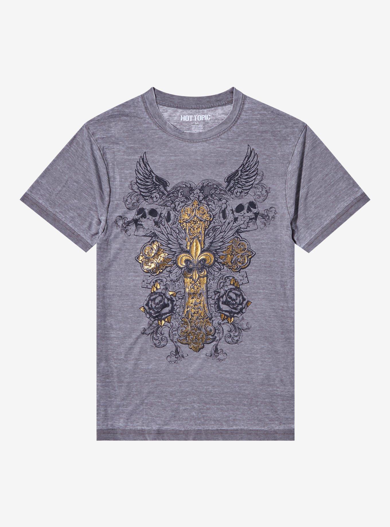 Gold Foil Cross & Skulls Burnout Boyfriend Fit Girls T-Shirt, MULTI, hi-res