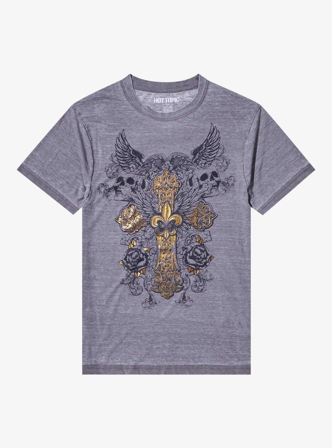 Gold Foil Cross & Skulls Burnout Boyfriend Fit Girls T-Shirt, , hi-res