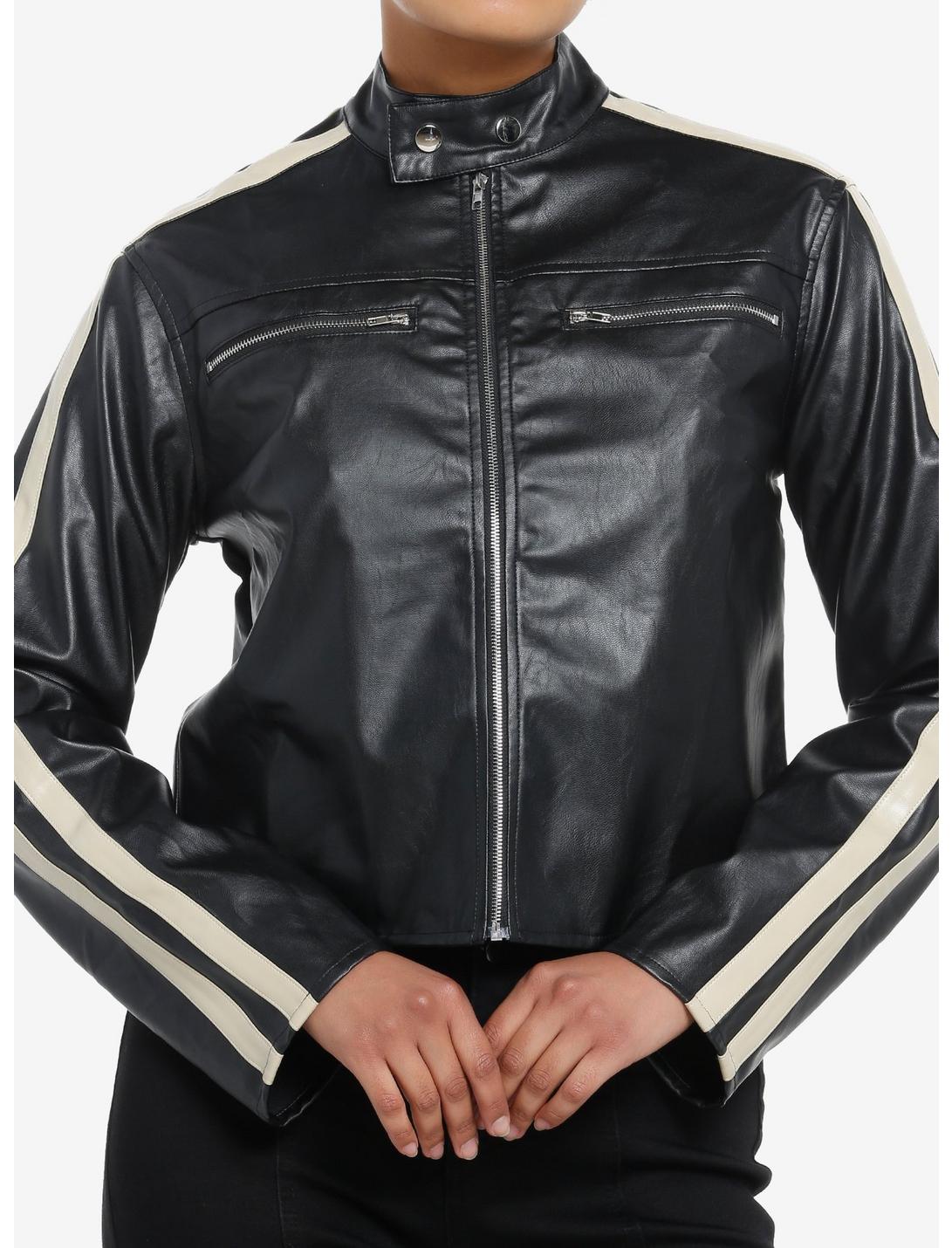 Black & Cream Stripe Faux Leather Girls Moto Jacket | Hot Topic