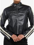 Black & Cream Stripe Faux Leather Girls Moto Jacket, CREAM, hi-res