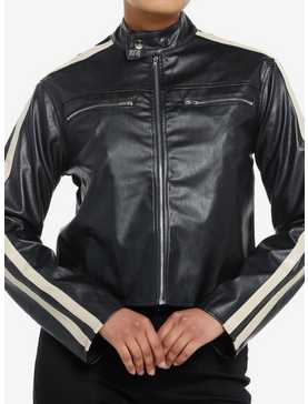Black & Cream Stripe Faux Leather Girls Moto Jacket, , hi-res