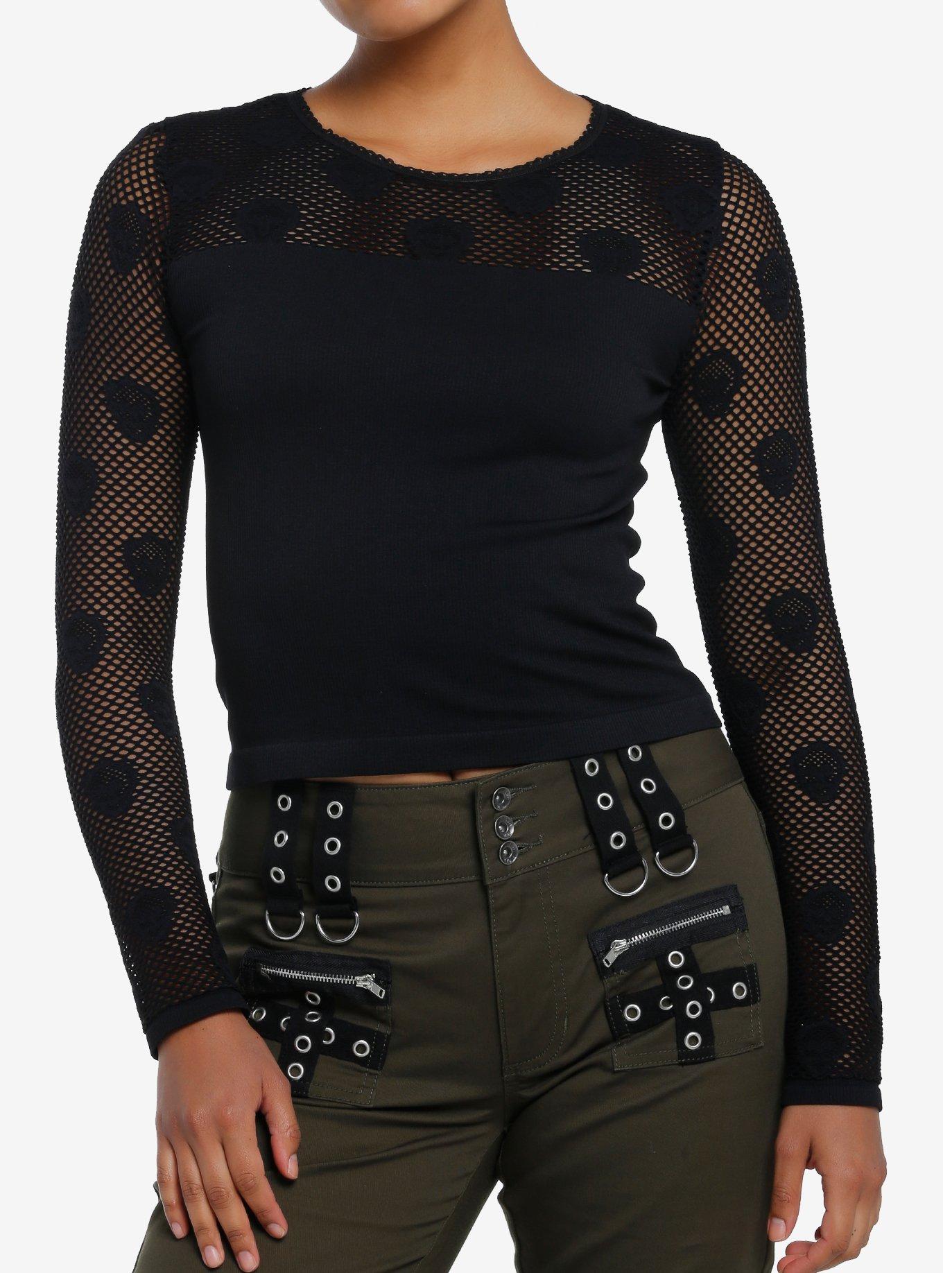 Skull Graphic Mesh Crop Top  Black blouse long sleeve, Crop tops