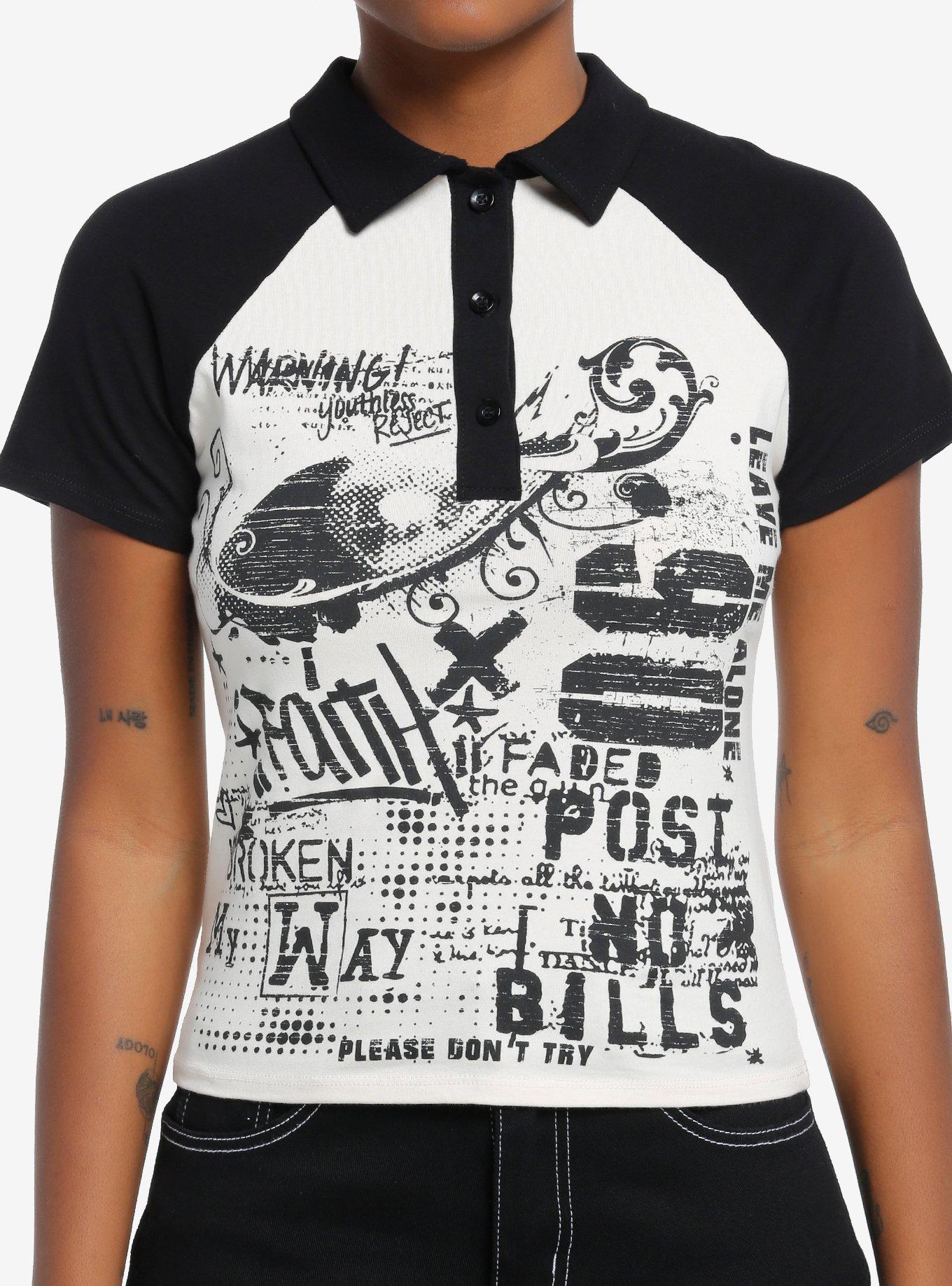 Social Collision Black & Cream Graffiti Collar Girls Top, , hi-res