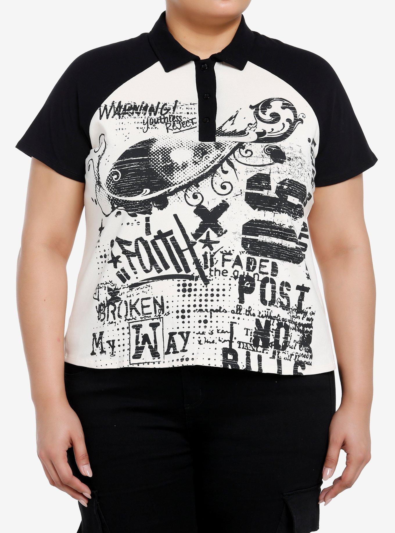 Black & Cream Graffiti Collar Girls Top Plus Size, , hi-res