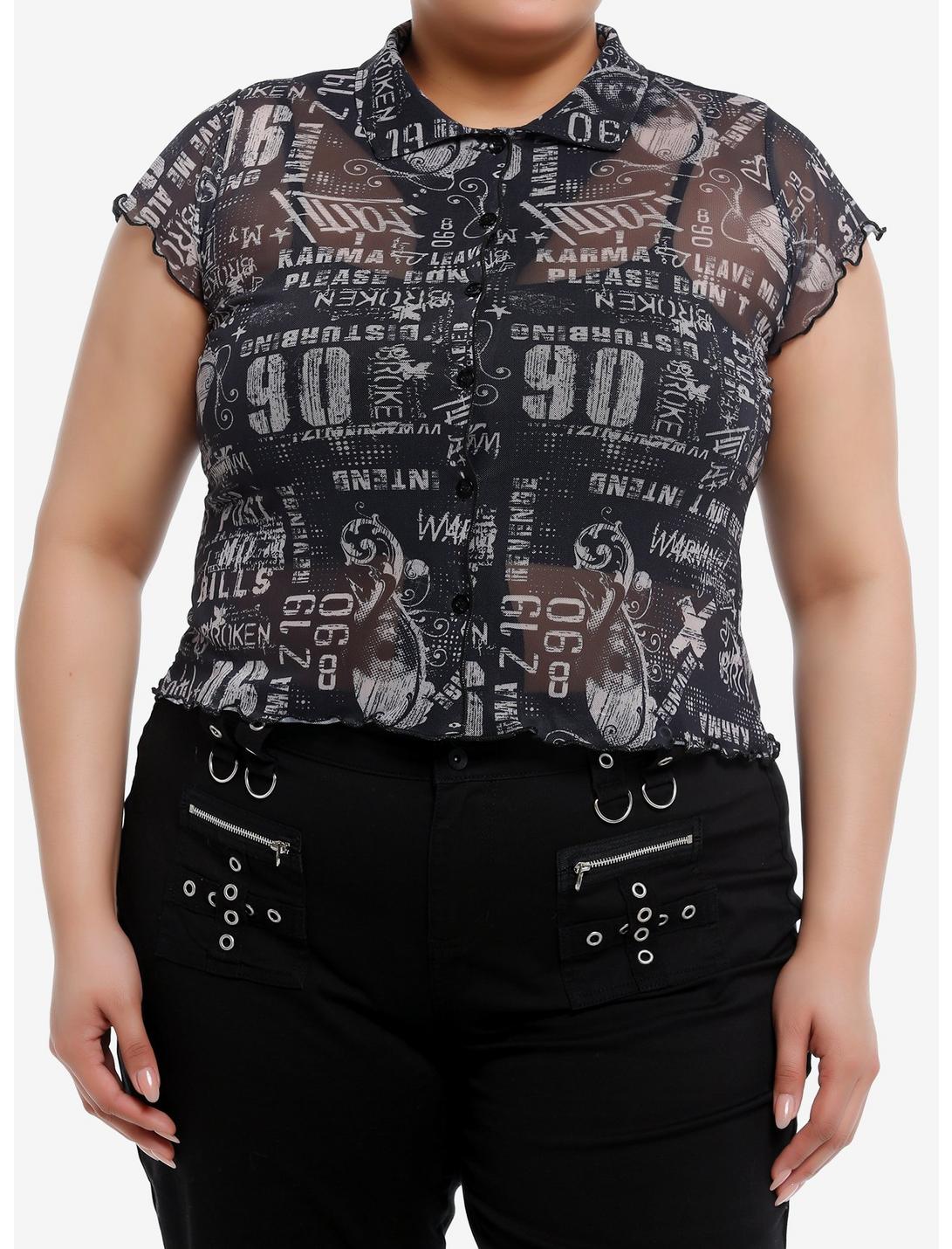 Social Collision® Newsprint Mesh Girls Button-Up Top Plus Size, , hi-res