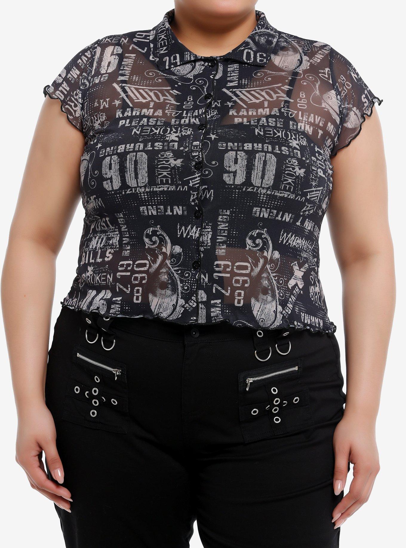 Social Collision® Newsprint Mesh Girls Button-Up Top Plus Size, , hi-res