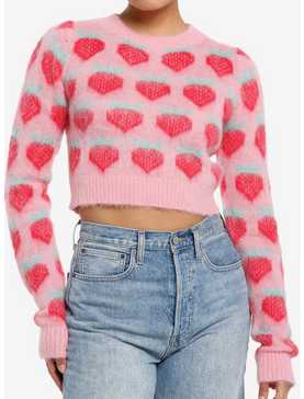 Pink & Red Strawberry Fuzzy Girls Crop Sweater, , hi-res