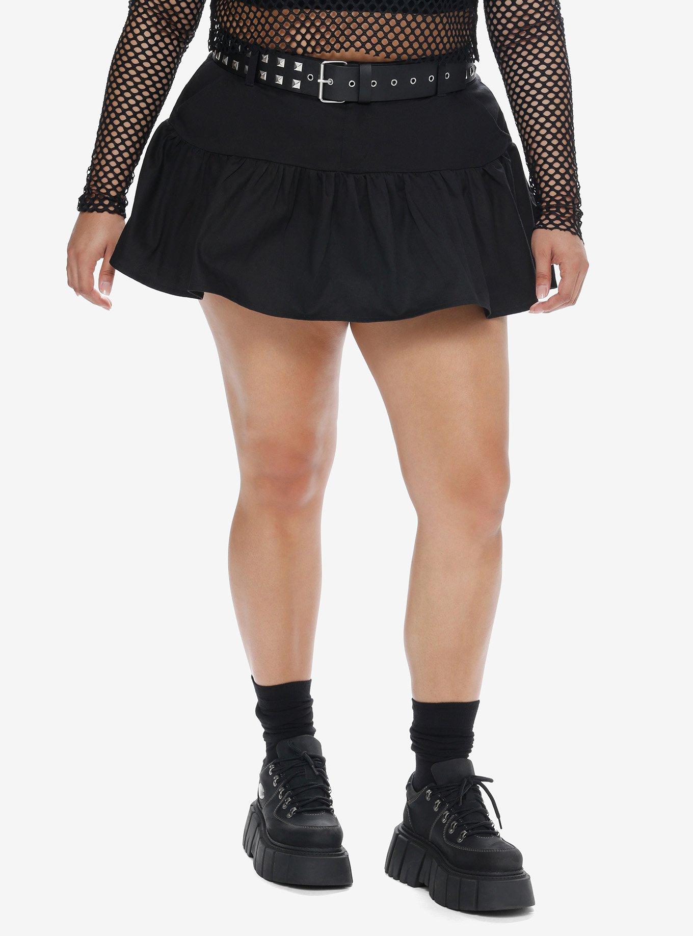 Social Collision Black Ruffle Skirt With Belt Plus Size, SILVER, hi-res